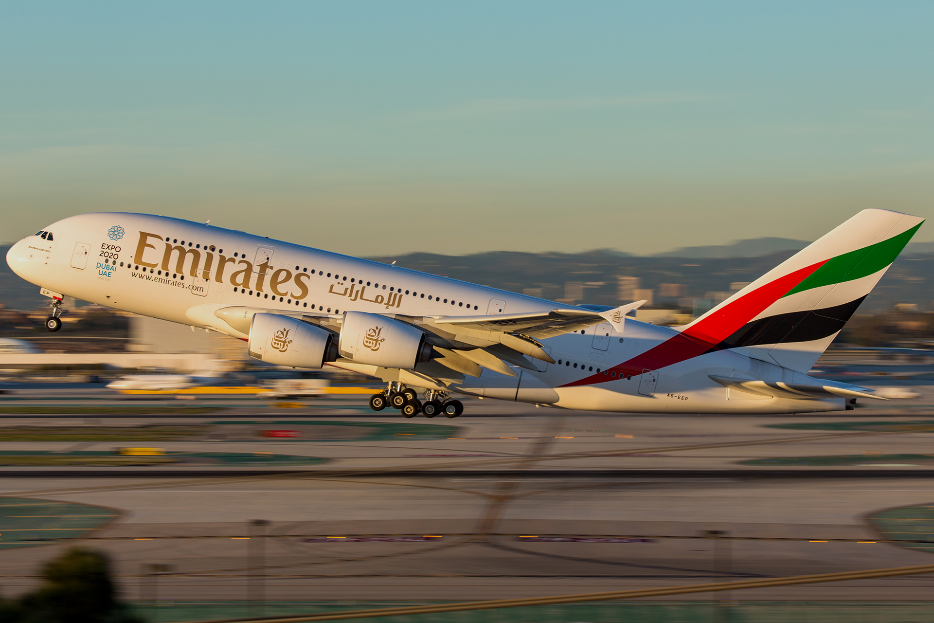 A late afternoon departure for this Emirates Airbus A380 off