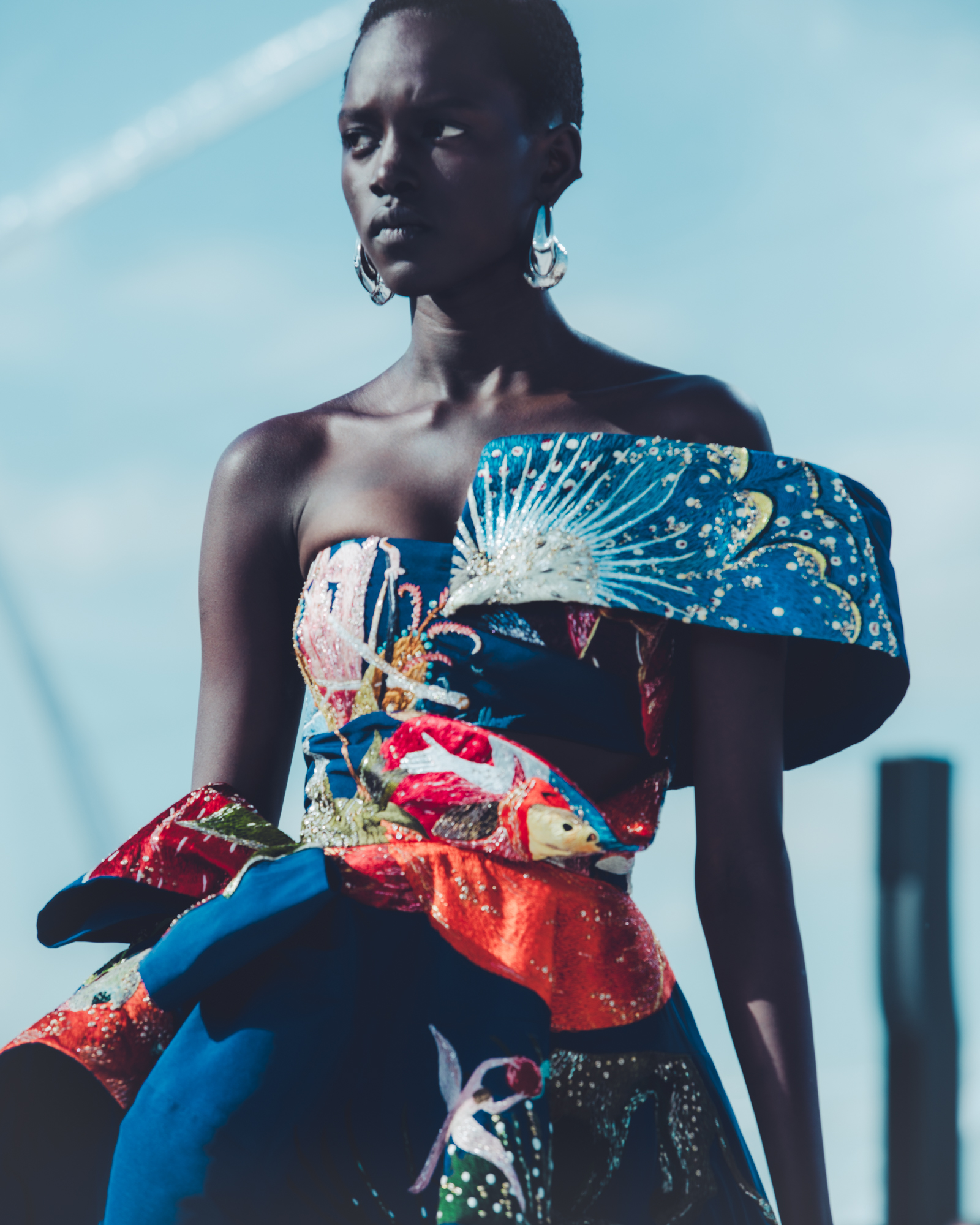 A #McQueenSS23 midnight blue dress with Hieronymus Bosch satin stitch and hammered bullion embroidery, worn with silver iris earrings. Discover the collection: https://on.alexandermcqueen.com/SS23_FB Photographed by Chloe Le Drezen