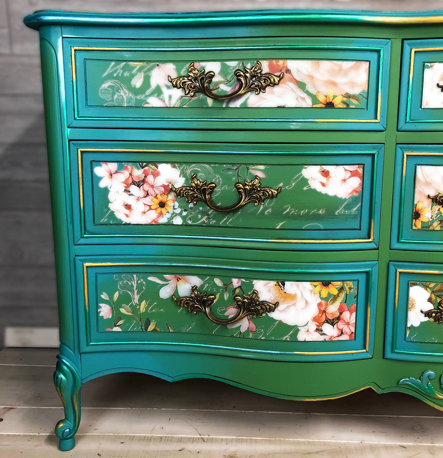 Custom blended teal and green French provincial dresser