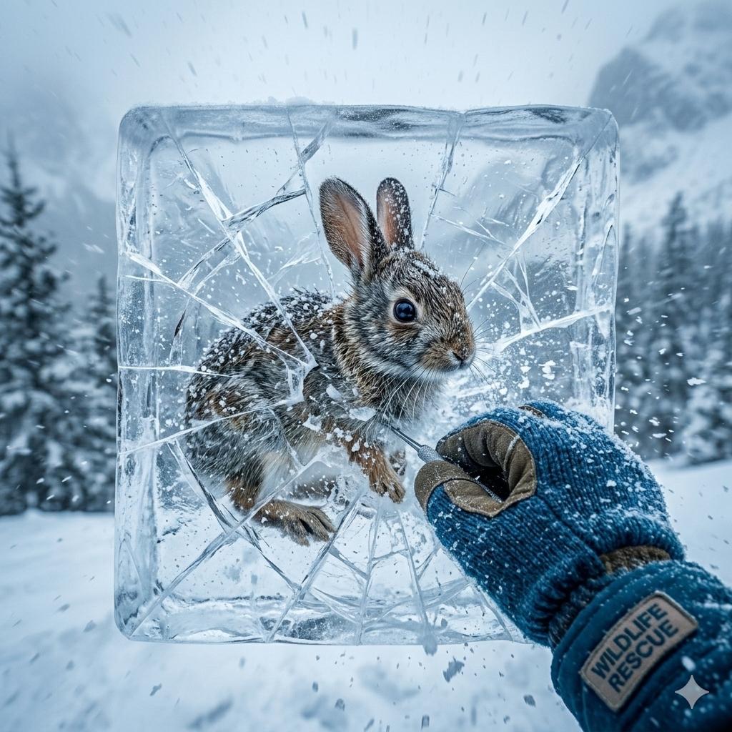 FROZEN RABBIT RESCUE 🐰🧊 ️ Blizzard raging in the silent forest… 🌨️🌲 ...