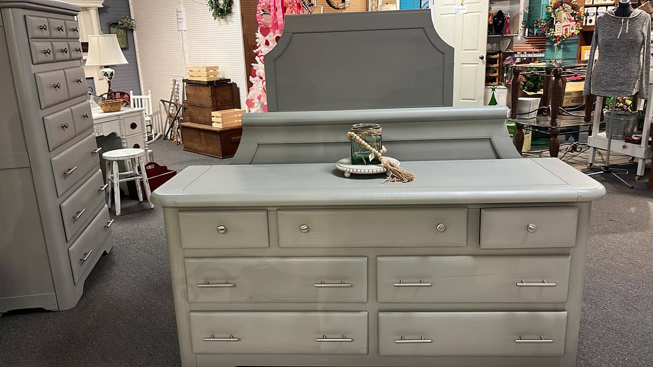 what color dresser goes with a grey bed nightstands and for dark frame? BOGO50_11.13