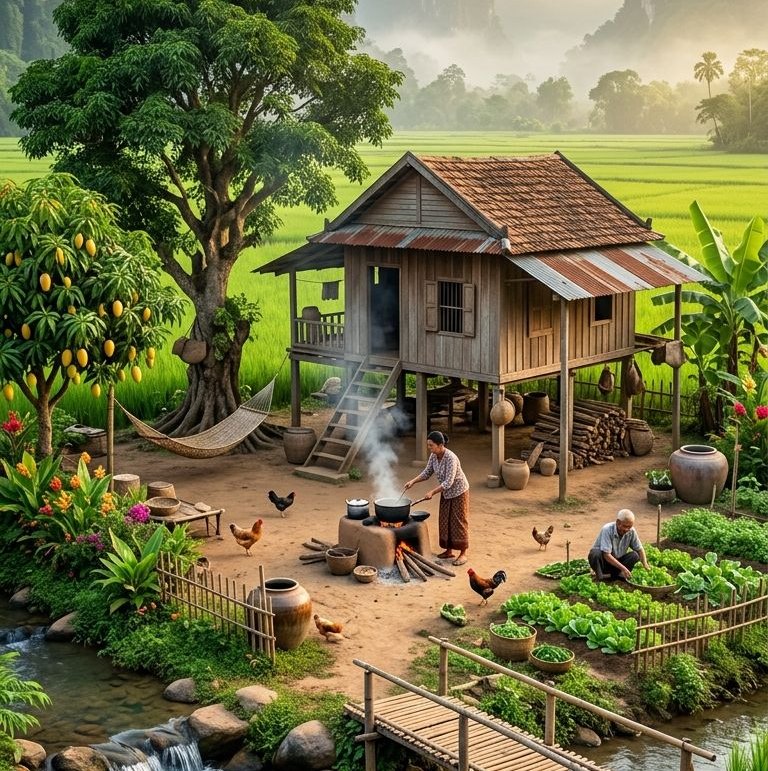 The gentle murmur of the river, a dirt path winding through the rice ...