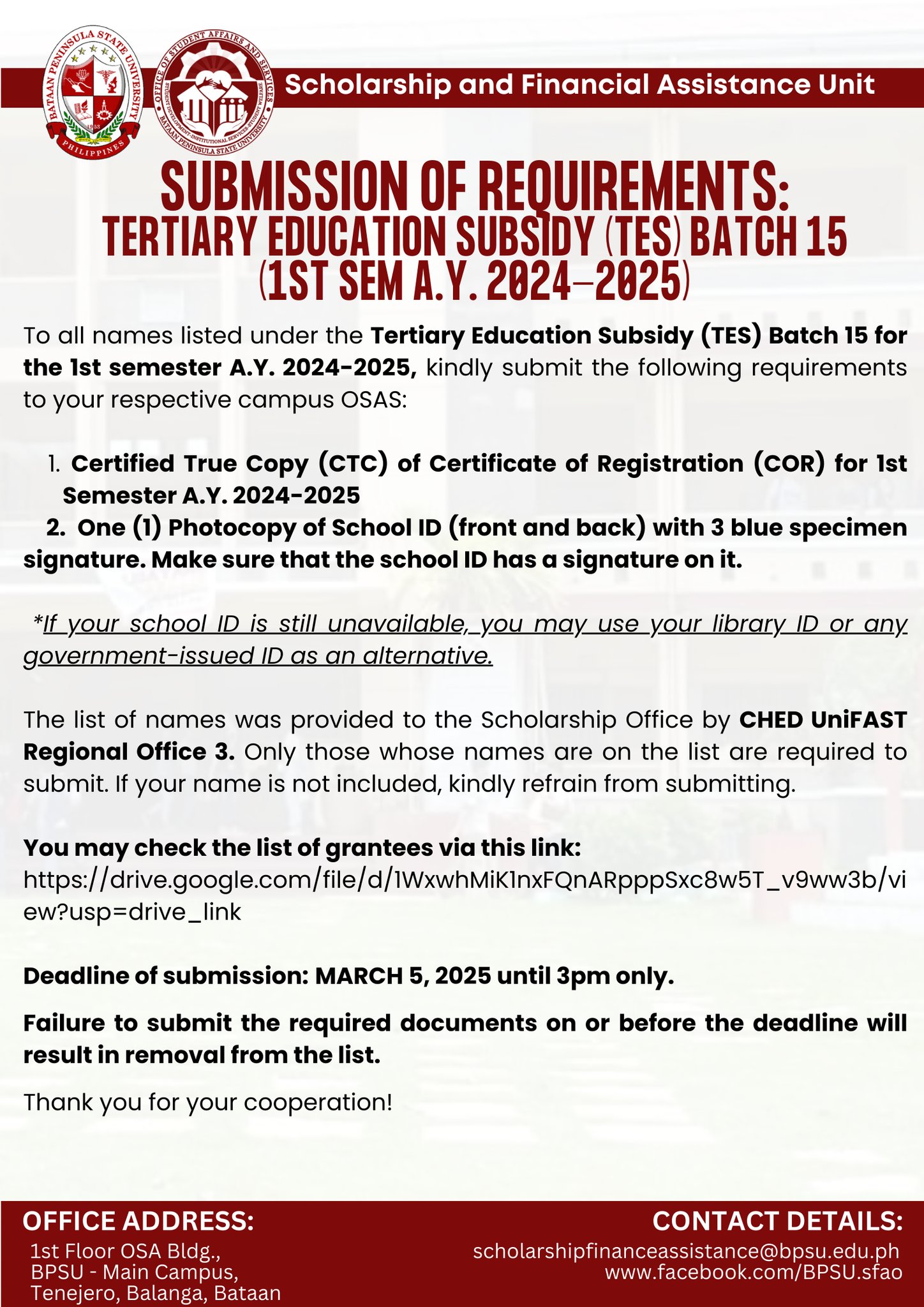 BPSU-Scholarship - 📢 ATTENTION: NEW TES (Batch 15) – 1st Semester A.Y ...