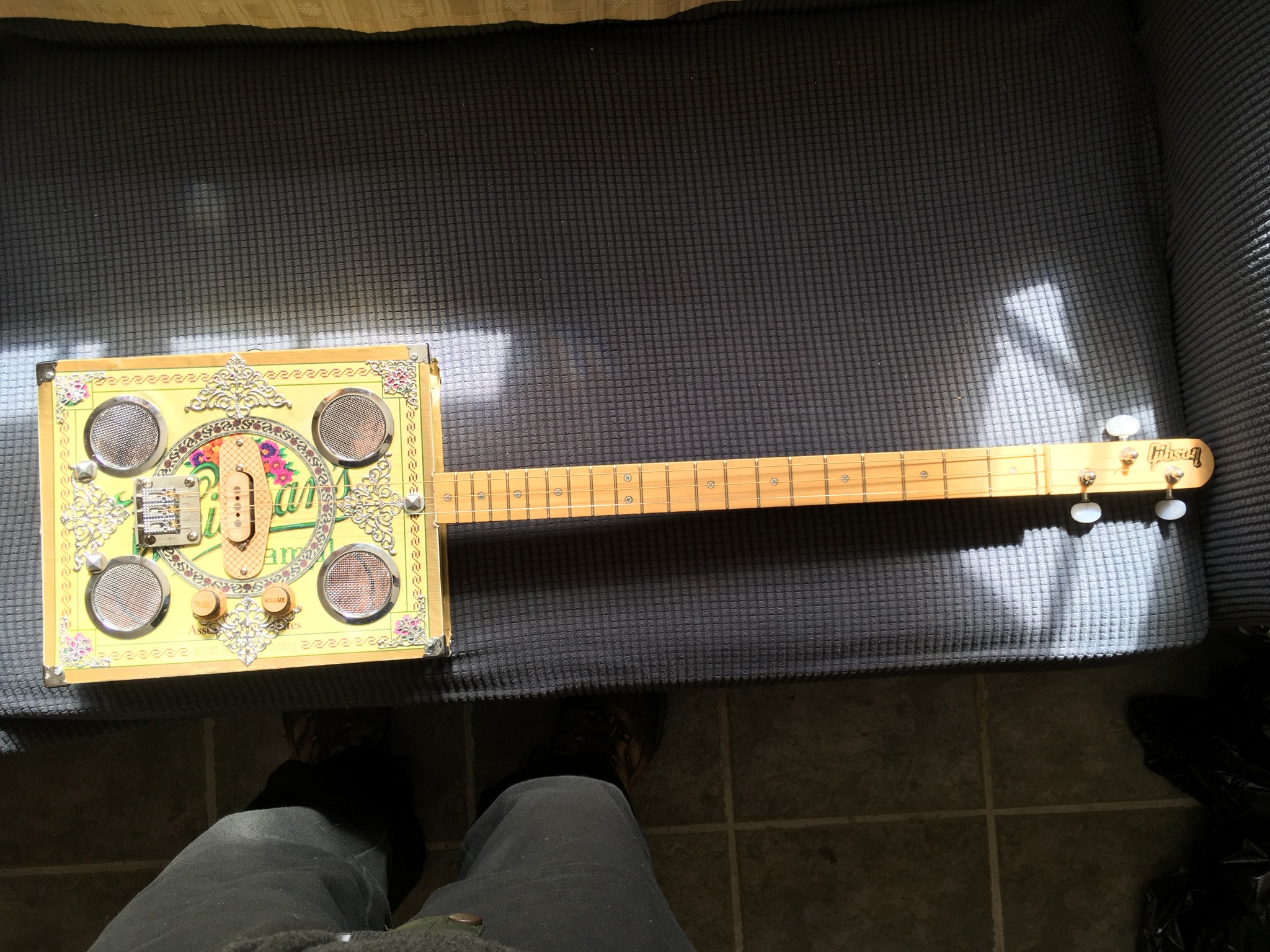 Cecil Whittaker's pizza box turned into an electric guitar