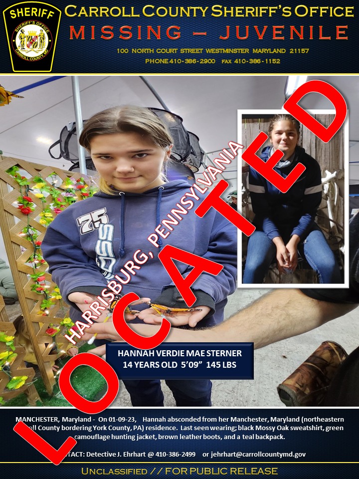 UPDATE (1/12/23) – Fourteen year old Hannah Sterner has been