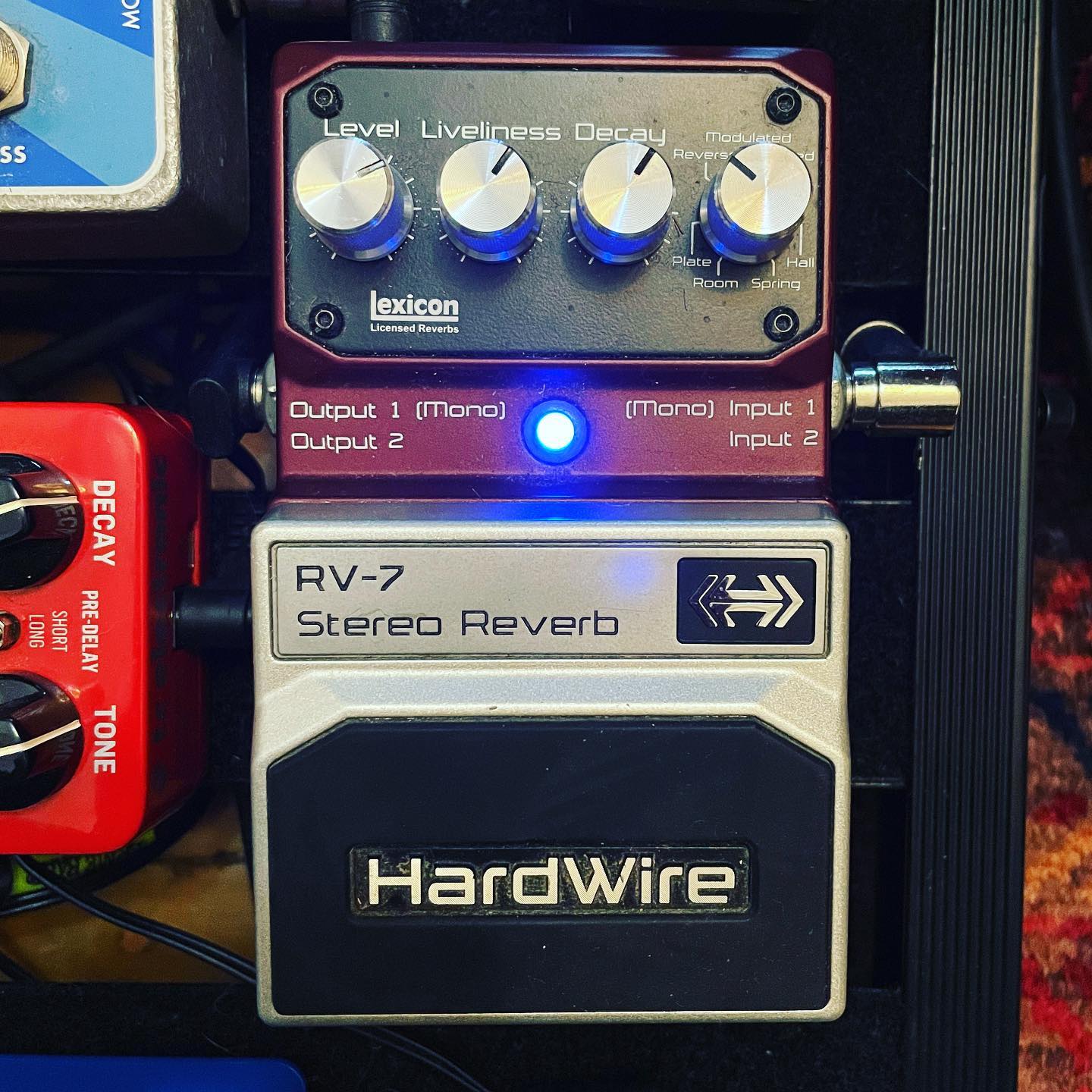 Lovepedal 60's reverb and Echoplexi pedals on shoegaze board