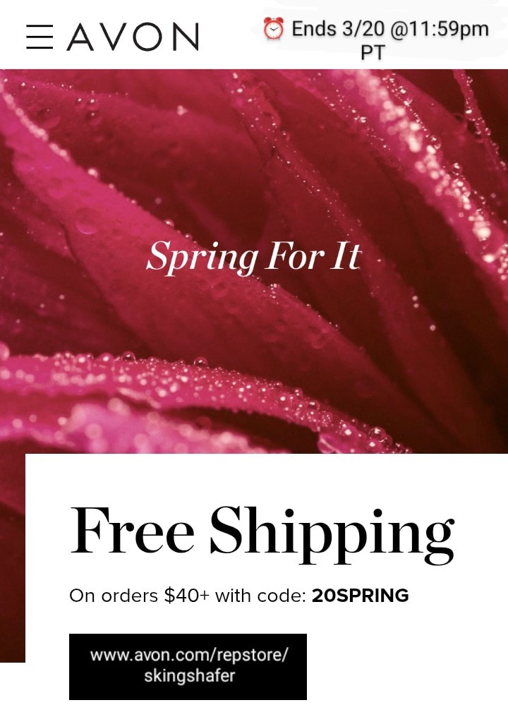 Avon's 🎉 FREE Shipping Code on $40+* orders!! Use Code 📣 20SPRING ⏰️🗓 ...
