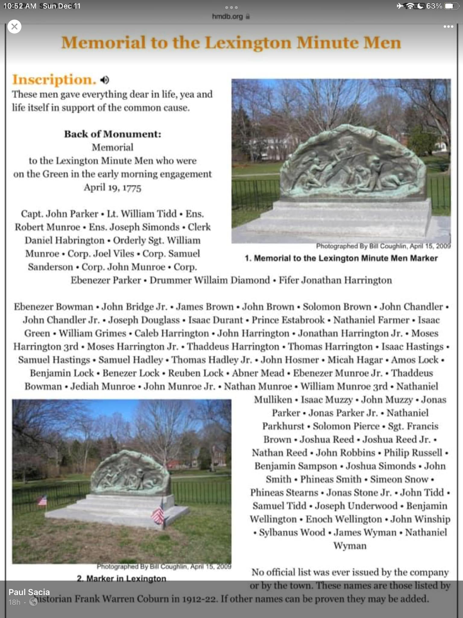 Here are the names for Lexington Memorial Minute Men. And 2 pictures.