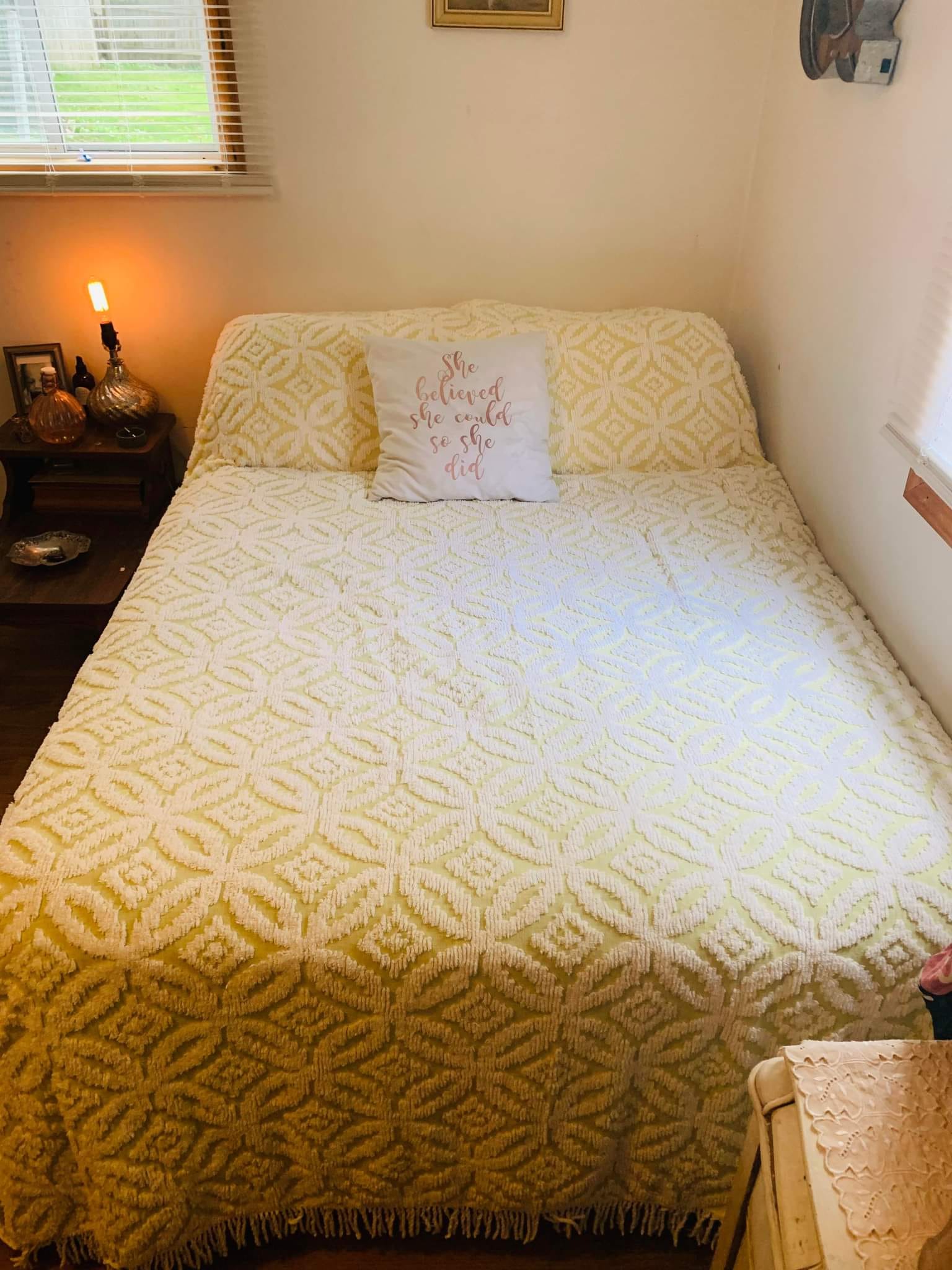 Vintage chenille bedspread found at great grandmother's downsizing