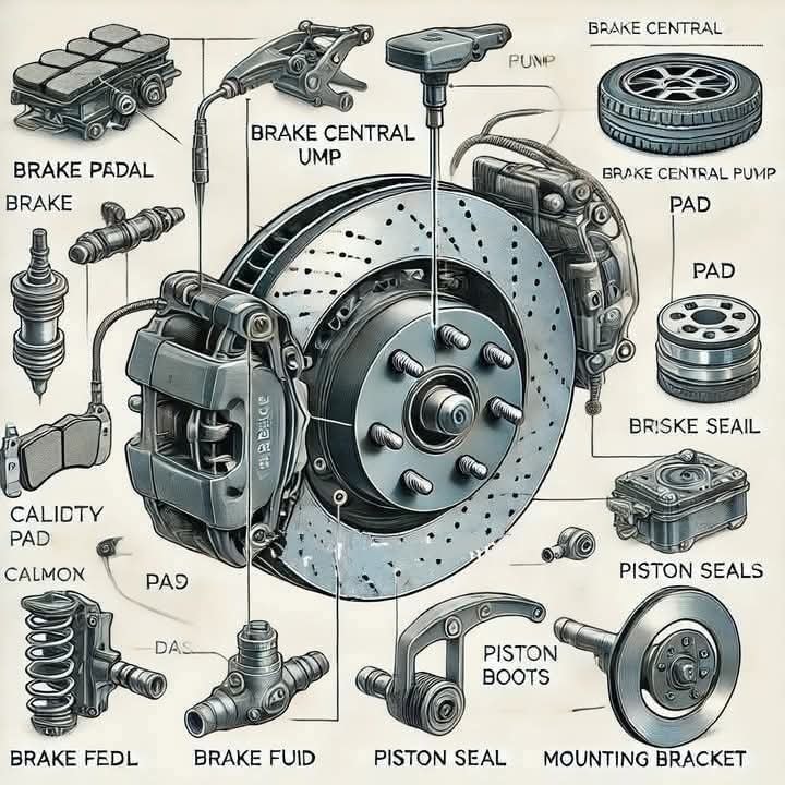 Mechanical - A brake system, likely for a car. Here's a breakdown of ...