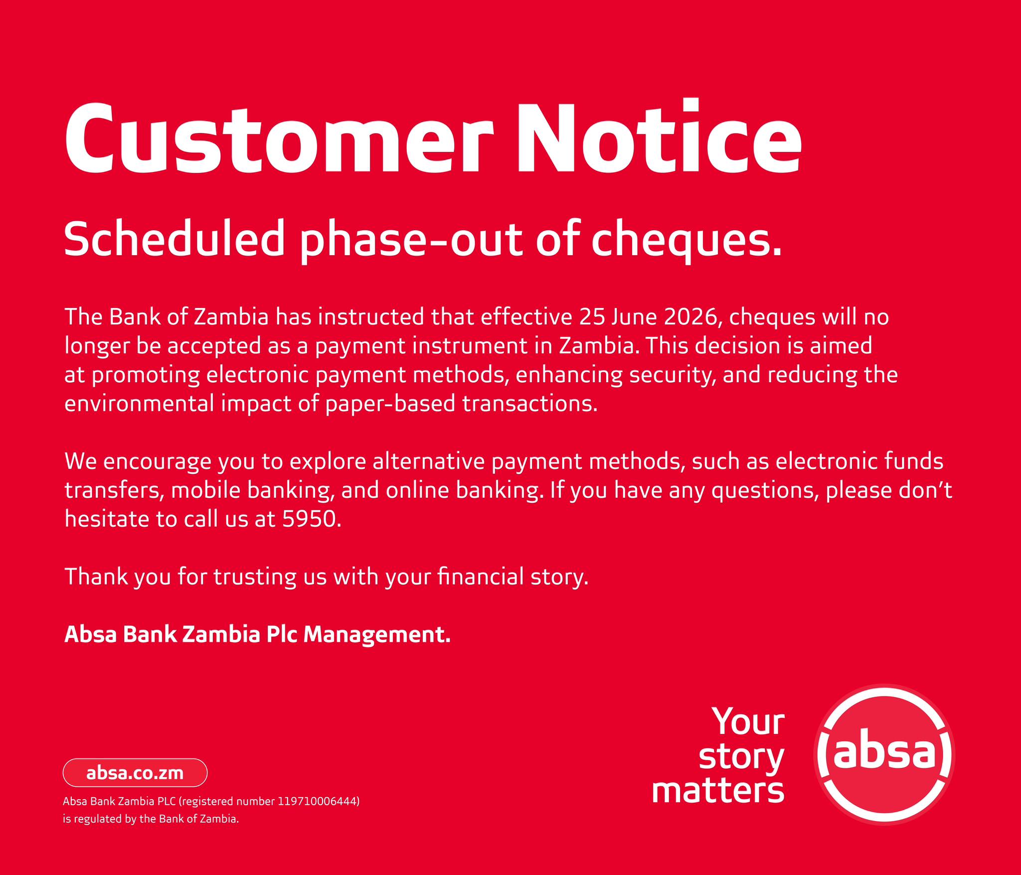 Absa Bank Zambia - The Bank of Zambia has instructed that effective 25 ...
