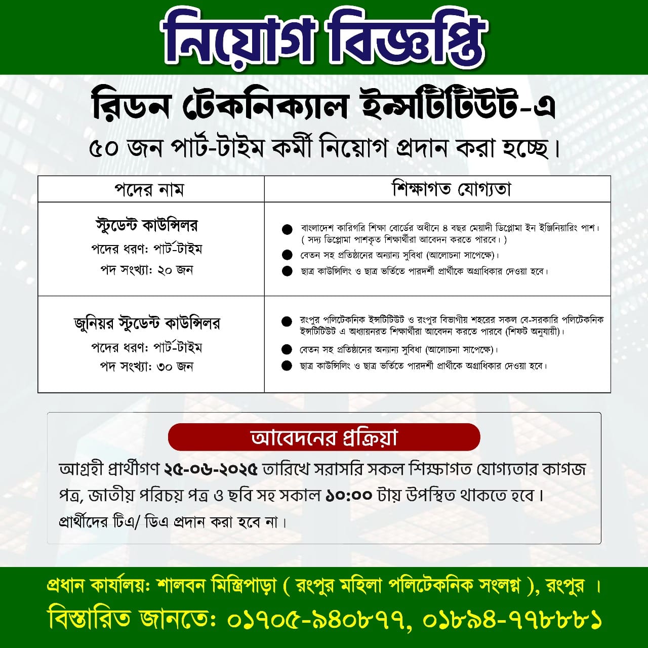 Ridon - নিয়োগ বিজ্ঞপ্তি : ৫০ জন। ২৫ জুন সকাল: ১০.০০ টায় সরাসরি সাক্ষা ...