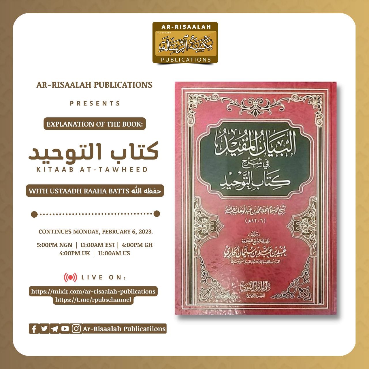 📢 MONTHLY TAWHEED CLASS: 📖 -... - Ar-risaalah Publications | Facebook