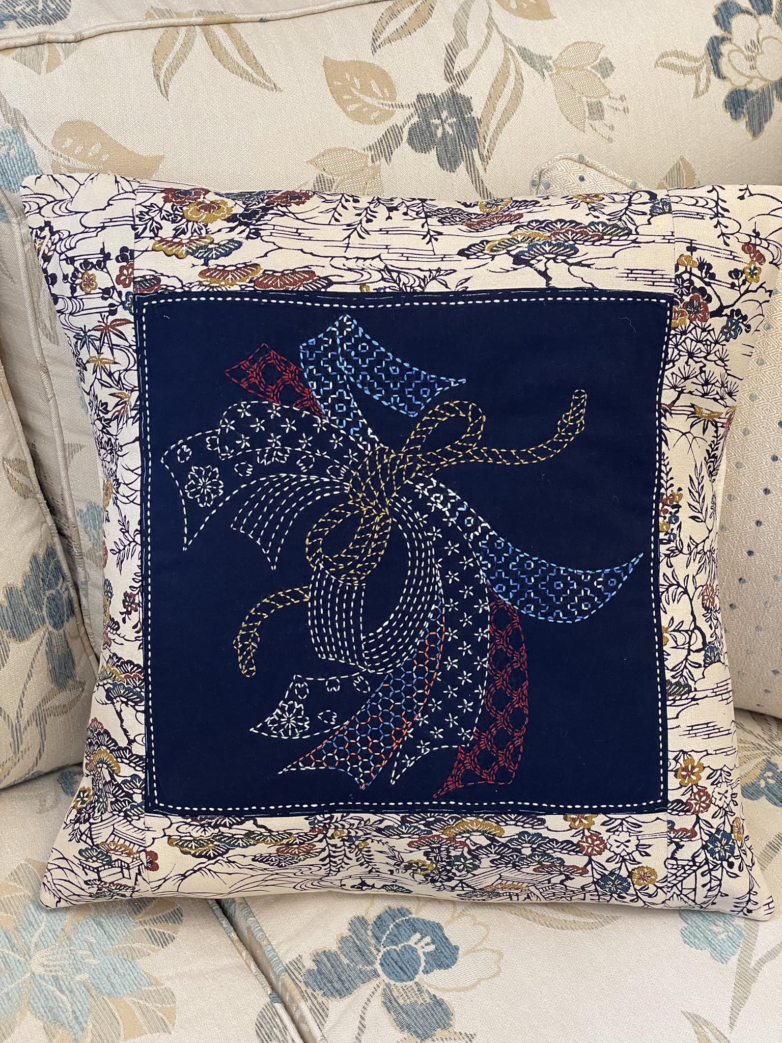 Sashiko cushion made with leftover threads and kimono silk
