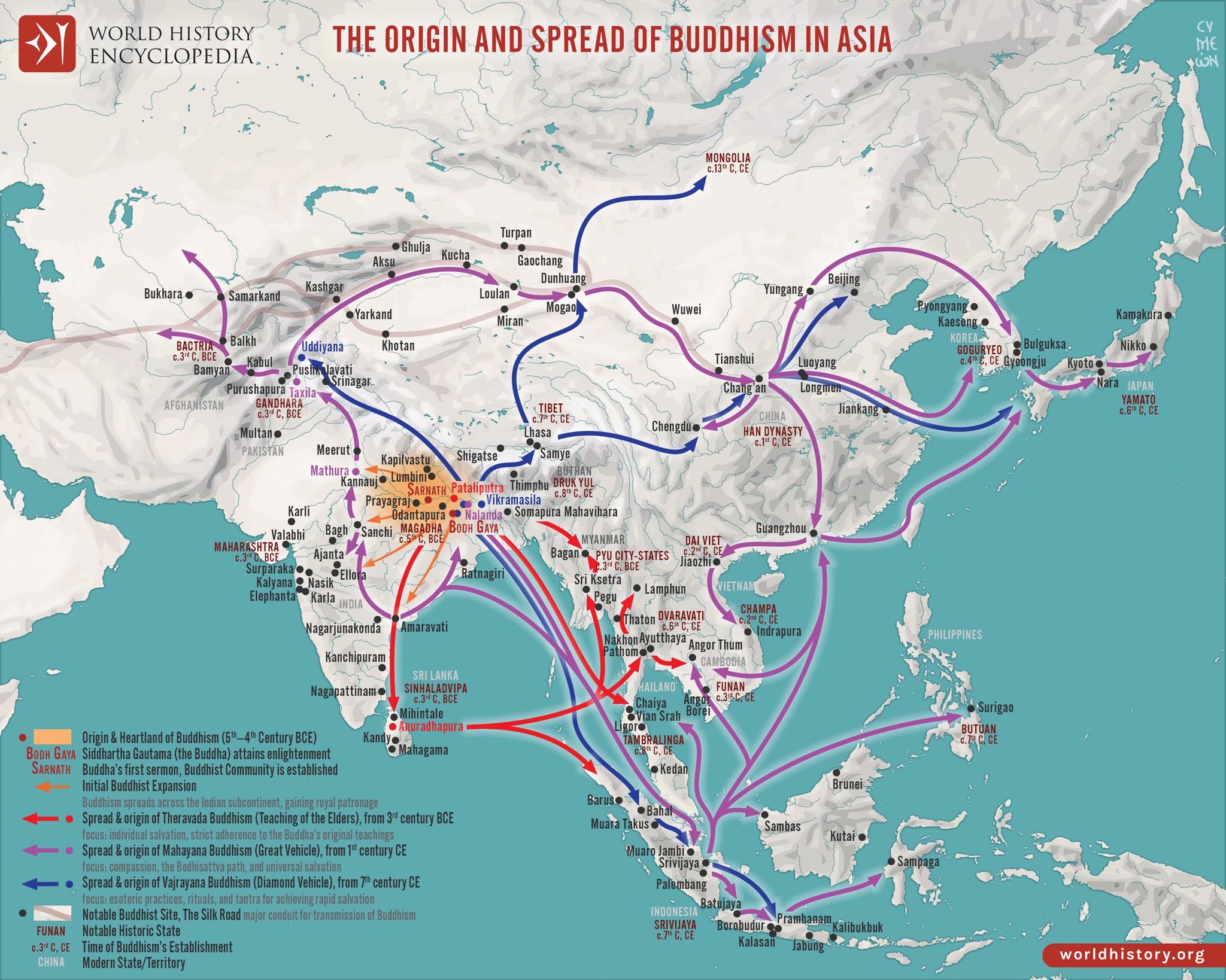 World - This map traces the expansion of Buddhism from its origins in ...