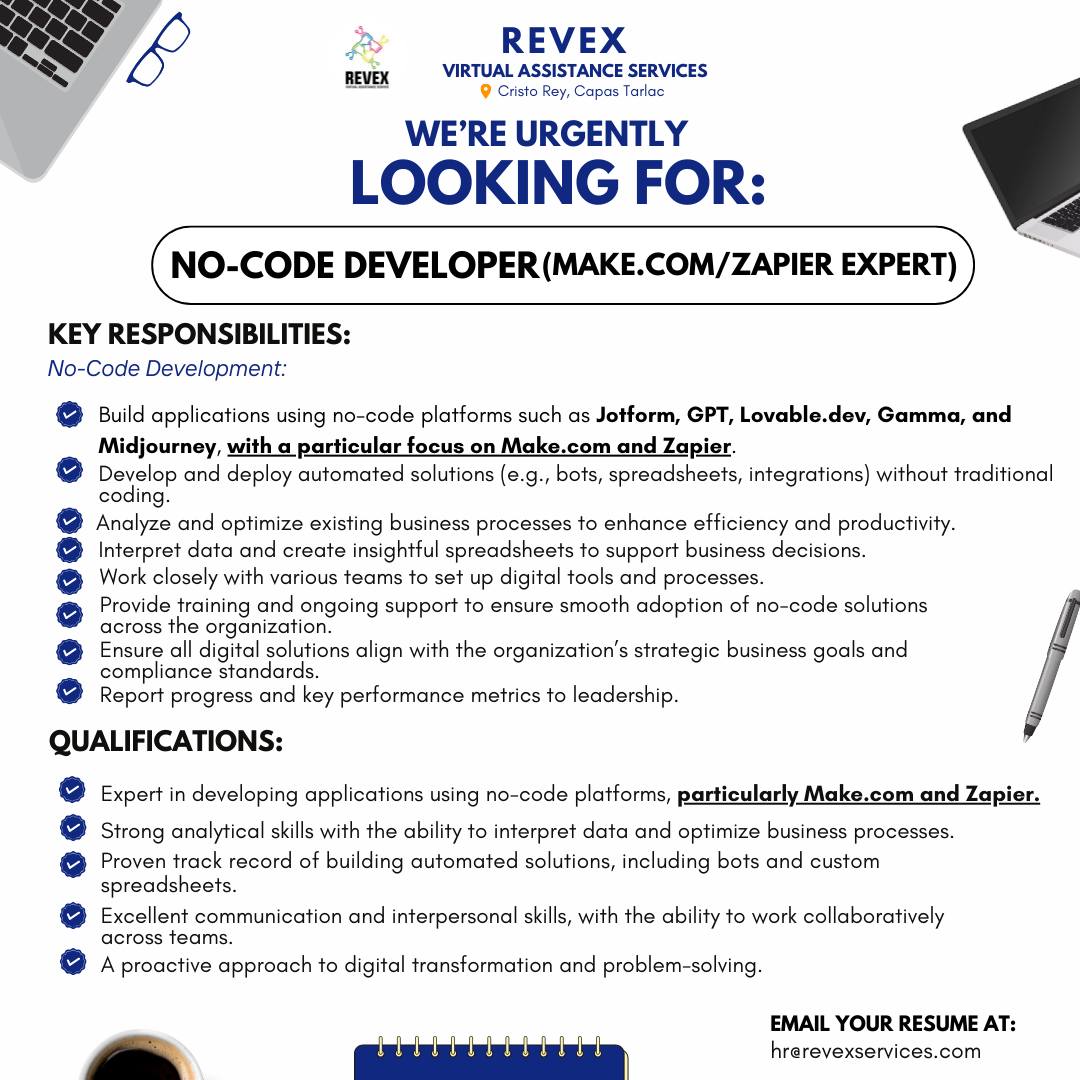 RevEx - 📢🚨𝐔𝐫𝐠𝐞𝐧𝐭: 𝐍𝐨-𝐂𝐨𝐝𝐞 𝐃𝐞𝐯𝐞𝐥𝐨𝐩𝐞𝐫 (𝐌𝐚𝐤𝐞.𝐜𝐨𝐦/𝐙𝐚𝐩𝐢𝐞𝐫 𝐄𝐱𝐩𝐞𝐫𝐭) We’re ...