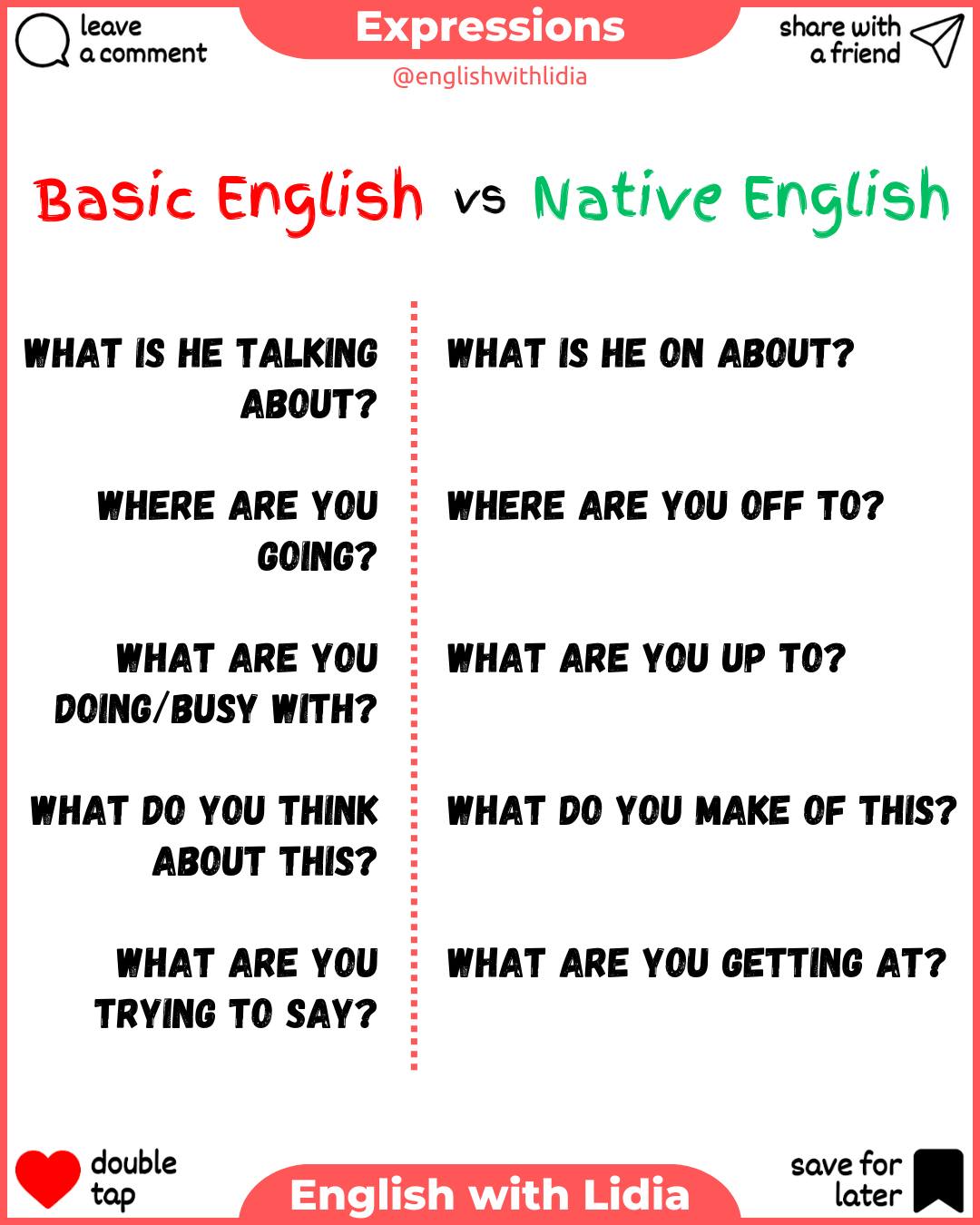 English - 🔻 Basic English vs Native English* Native English = more ...