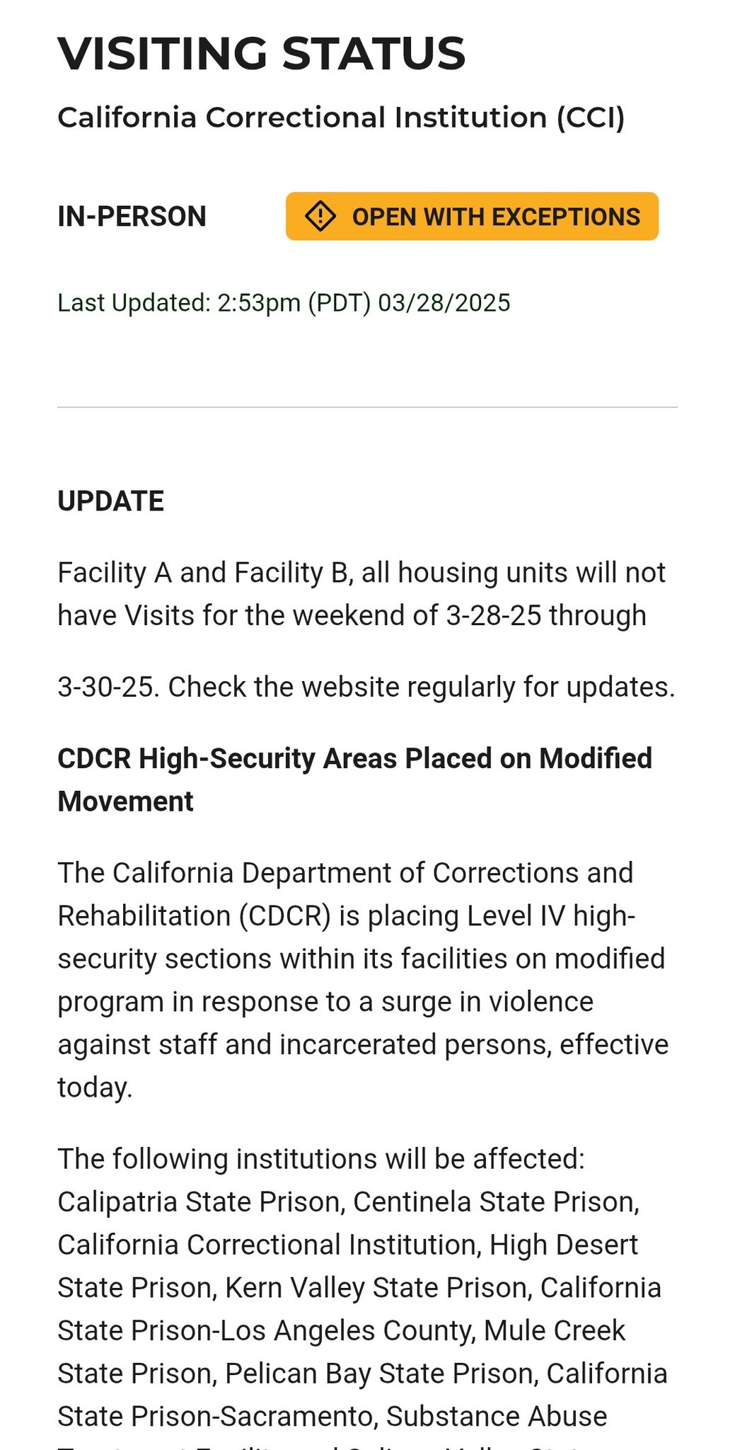 California Correctional Institution - CCI Inmate Family Council ...