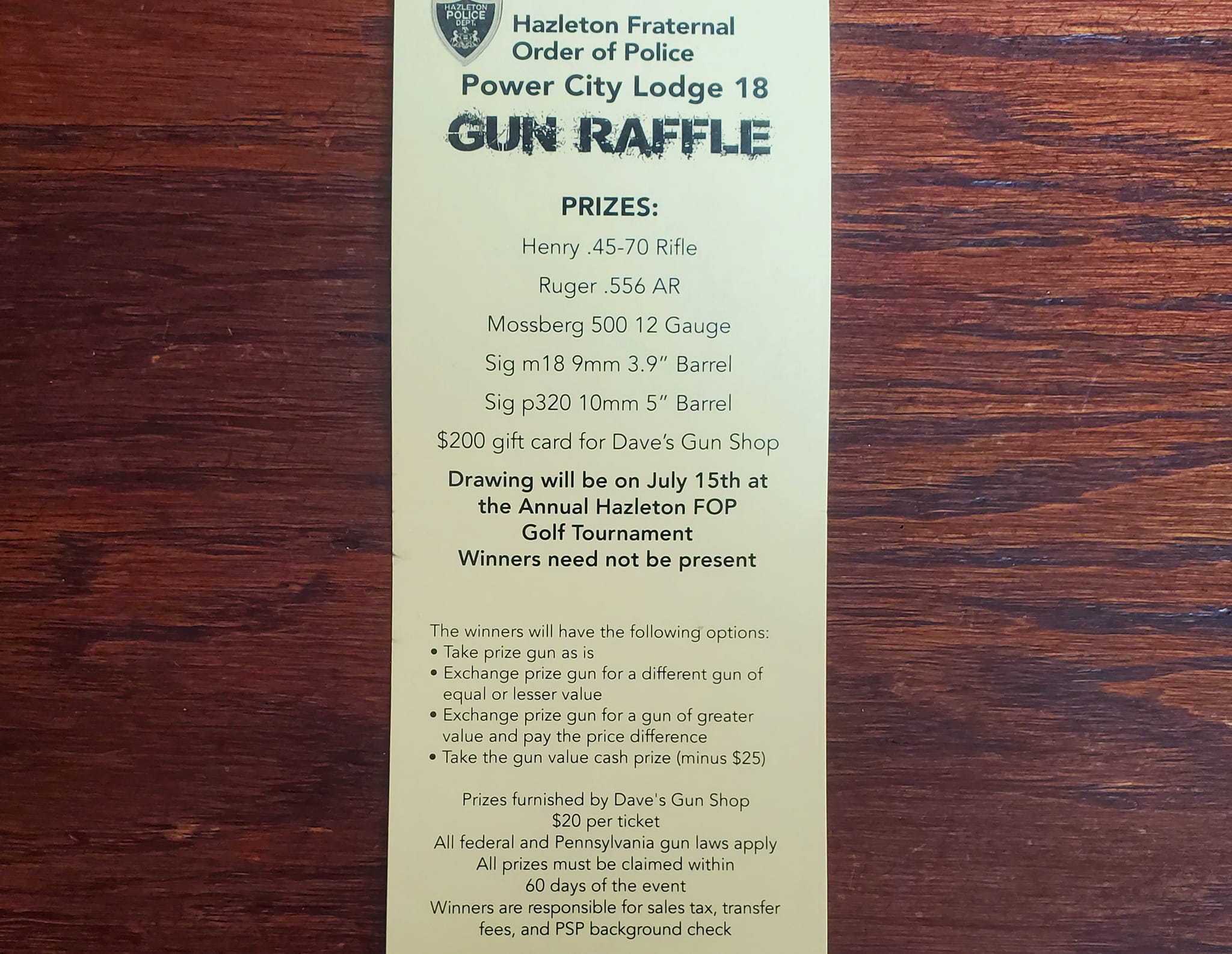 GET YOUR GUN RAFFLE... - Hazleton Police FOP Lodge 18