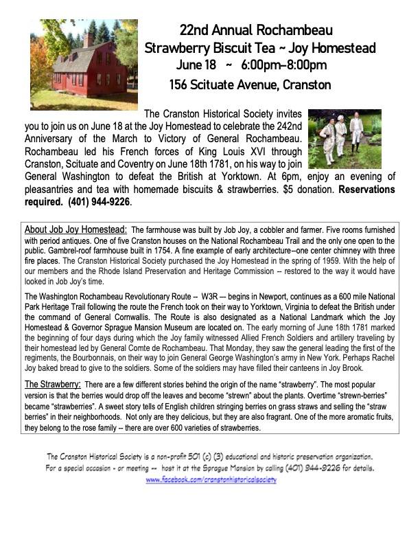 Join us on June 18 at Joy... - Cranston Historical Society