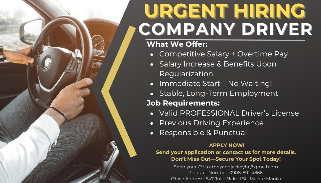 ON CALL DRIVER | NOW HIRING: COMPANY DRIVER – APPLY TODAY | Facebook