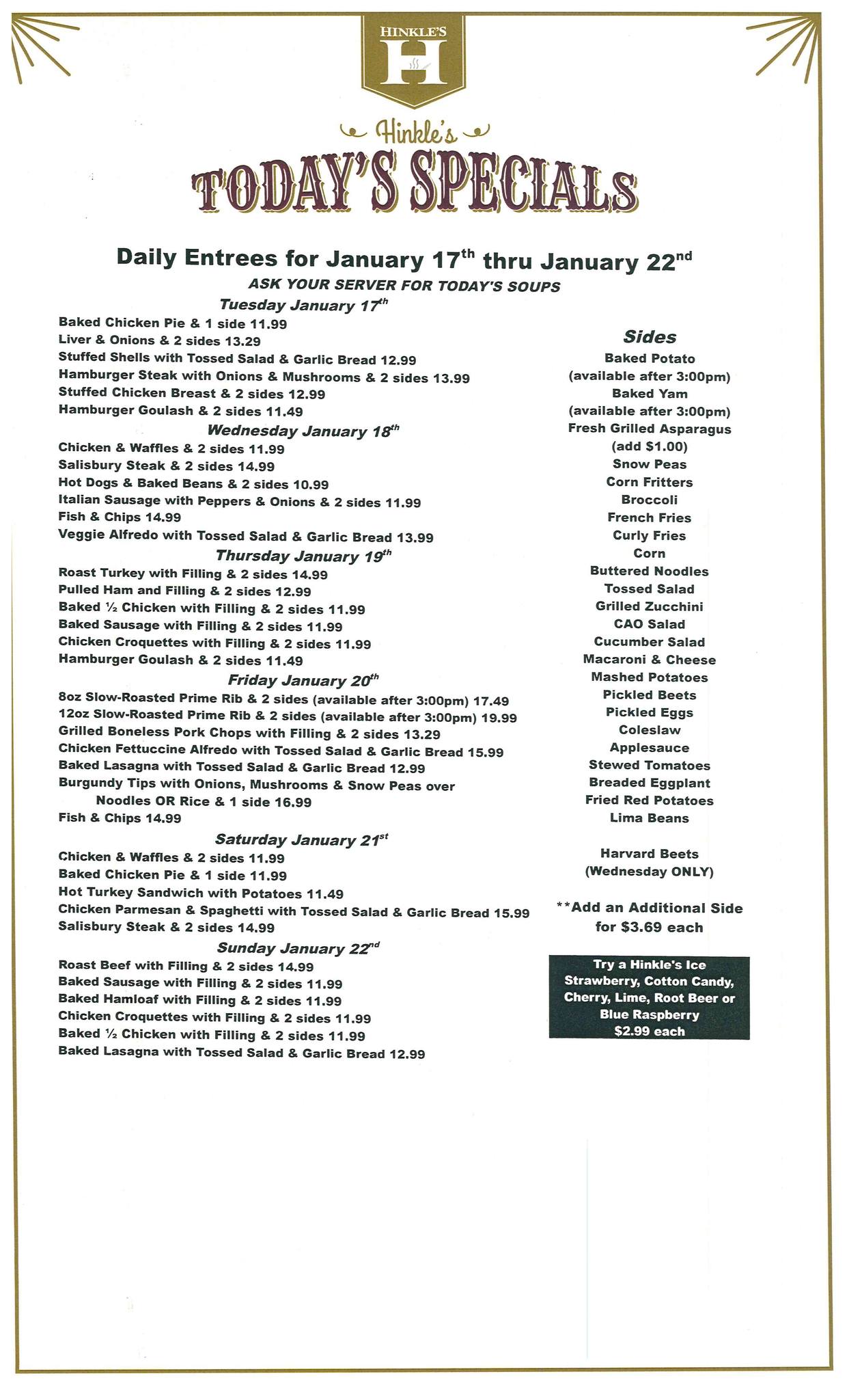 #Menu for January 17th thru January... - Hinkle's Restaurant | Facebook