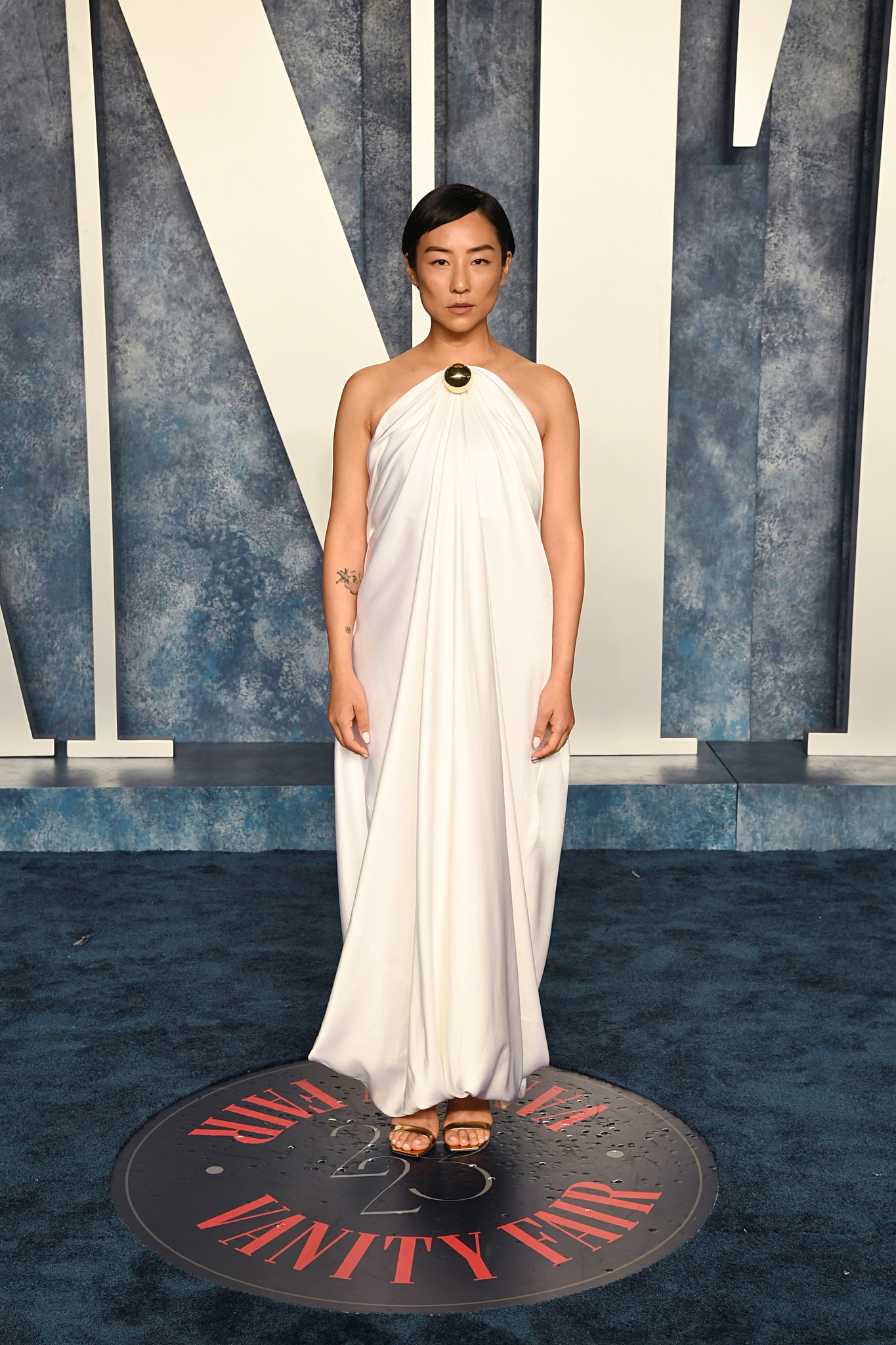 greta lee golden globes dress in LOEWE Fall Winter 2023 for the Vanity Fair Oscar Party 2023 Styling Danielle Goldberg #LOEWE #Oscars #VanityFairOscarParty greta lee fashion
