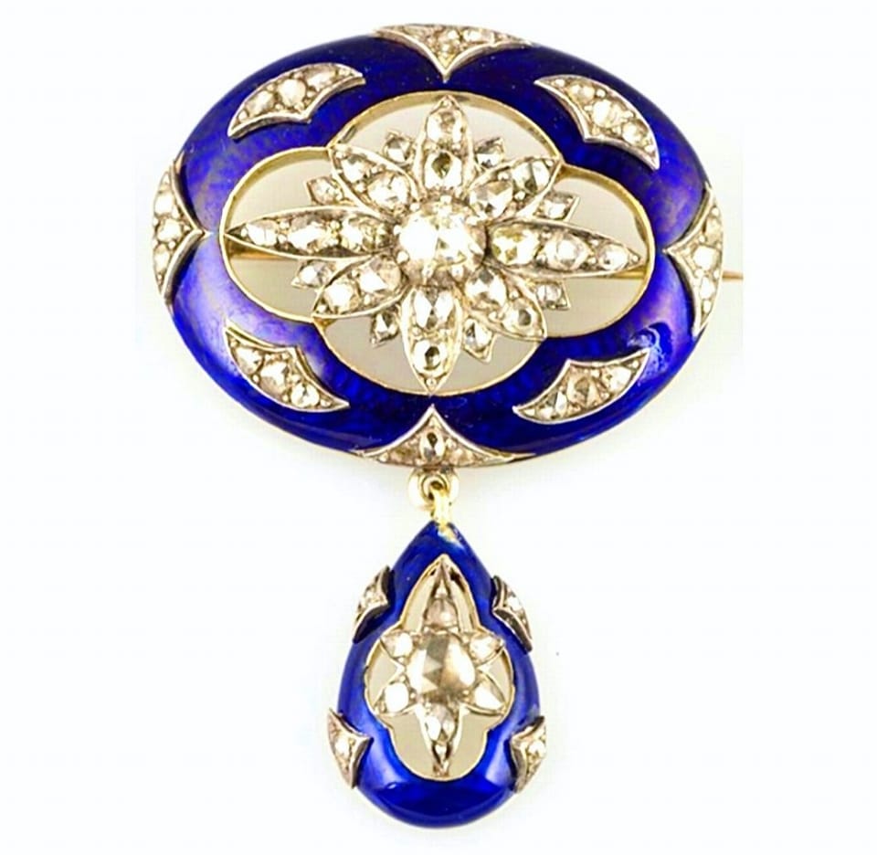 Antique diamond and blue enamel brooch circa 1880