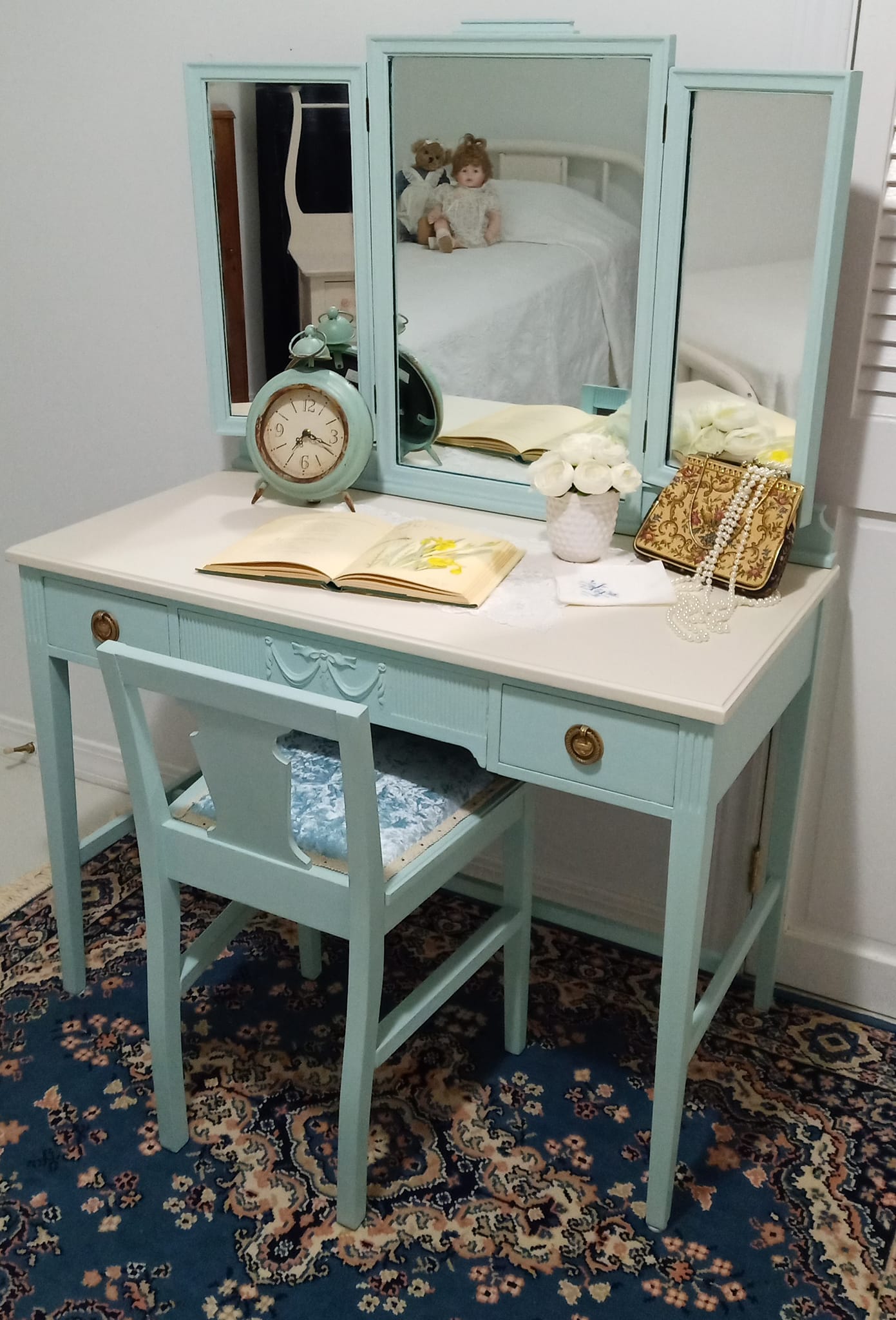 duck egg blue dressing table SOLD! Beautiful Antique with 3-way Mirror. Finished in a soft Country Chic blue/green and topped with Fusion Raw Silk. The lovely subtle details on this piece make it feminine and complete-look-grin-and-bear-it-dress