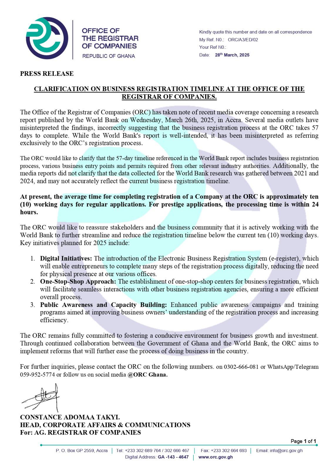ORC - CLARIFICATION ON BUSINESS REGISTRATION TIMELINE AT THE OFFICE OF ...