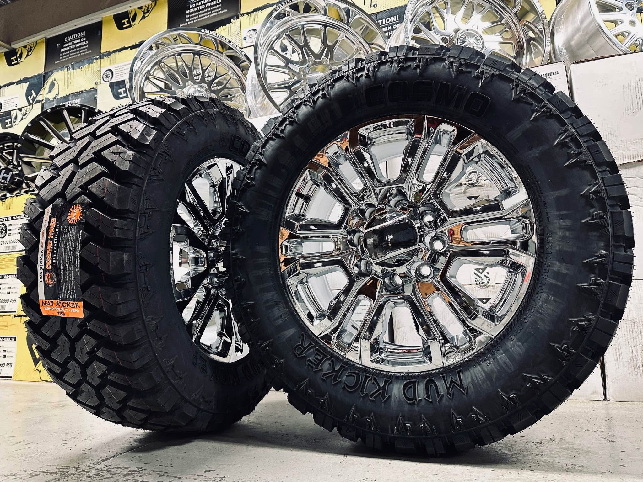 20 inch chrome Denali reps 8x180/8x6.5 with 35/12.50r20 cosmo ...