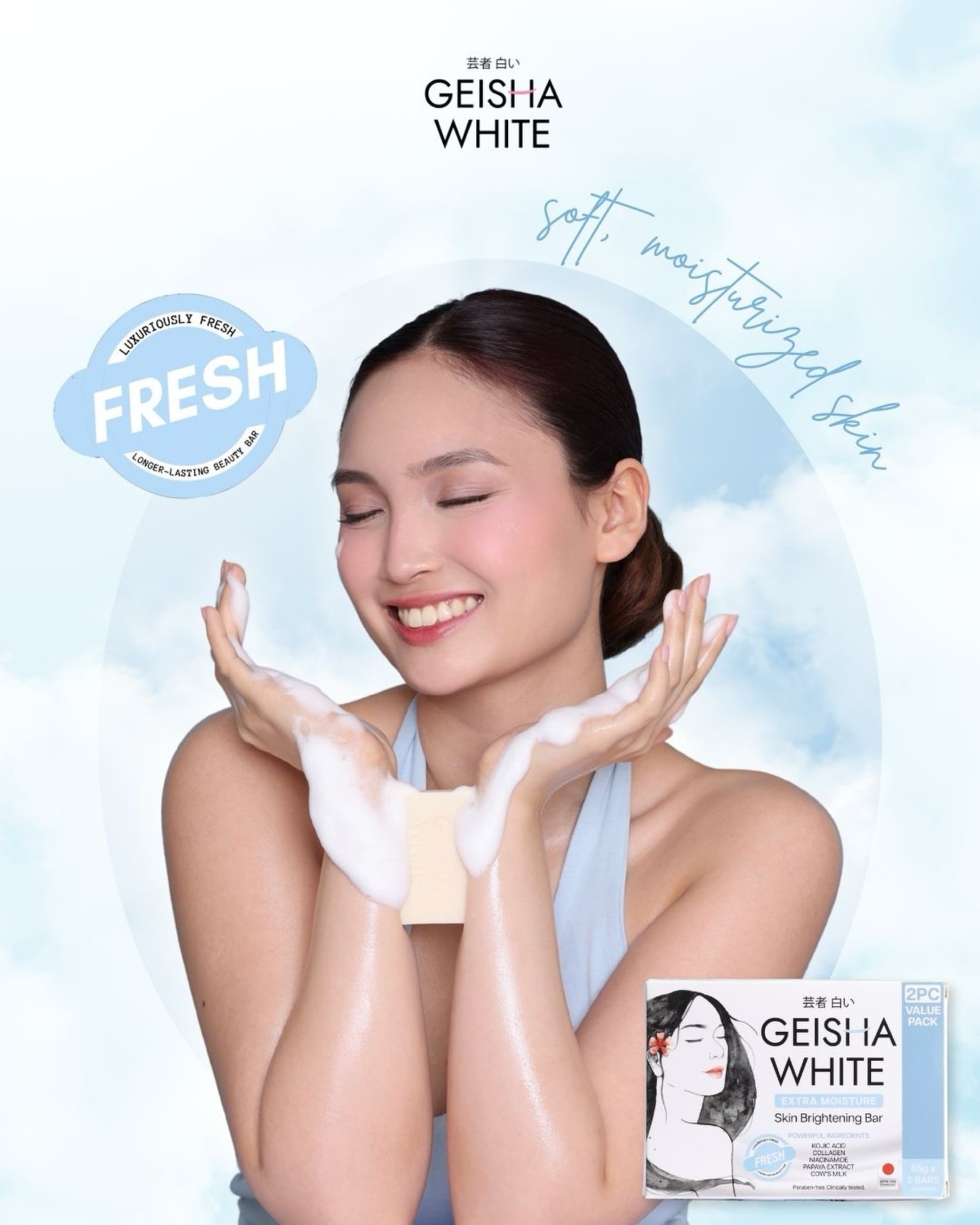 For the softest, most moisturized skin yet, choose Geisha White Fresh Skin Brightening Bar 🩵 Available in Natasha TikTok Shop, Natasha Shopee, and Natasha Lazada. 💚