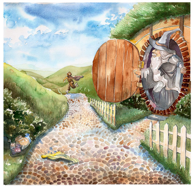 Bilbo escapes goblins in the mountains