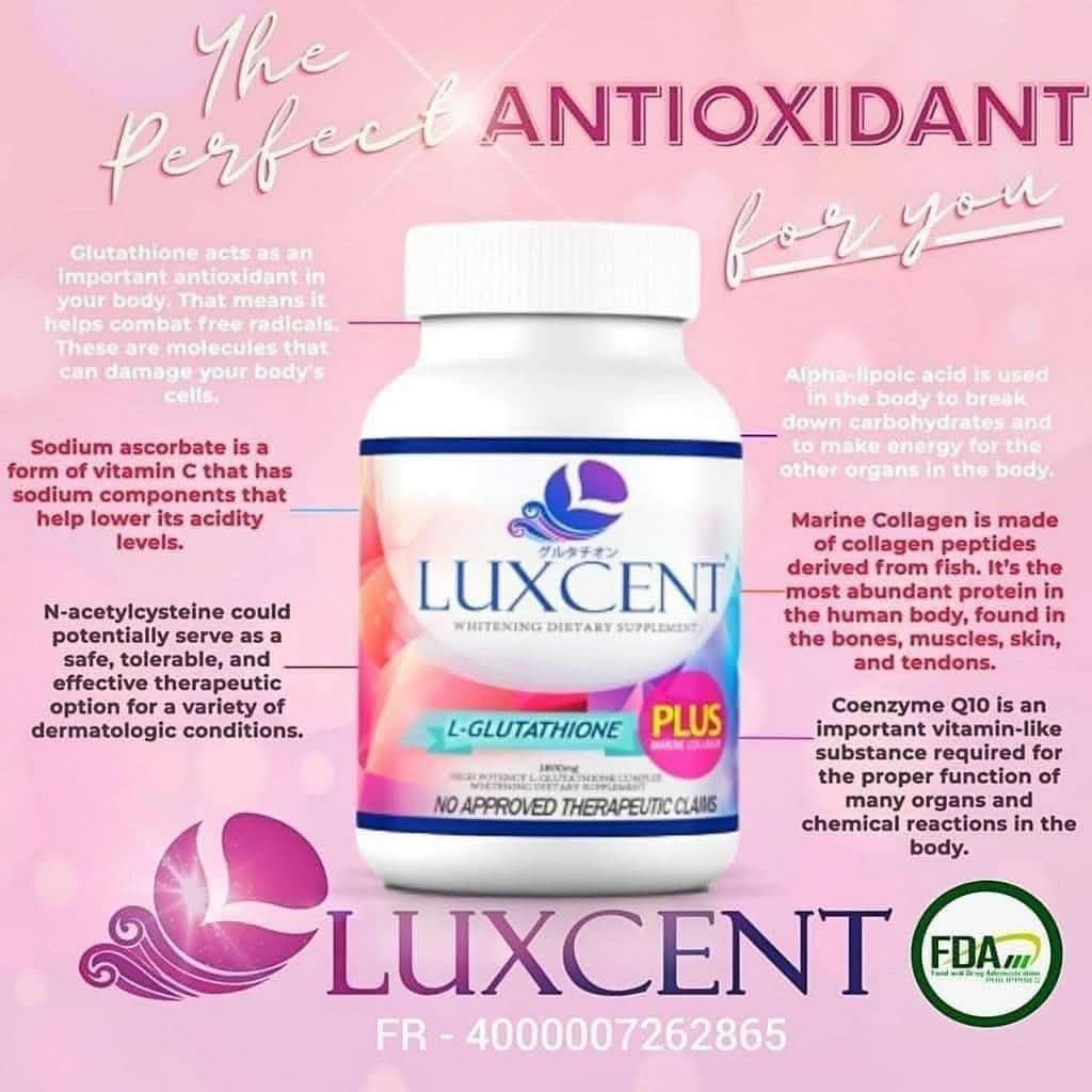 luxcent luminous glutathione Capsule ✨ ✓ It makes the skin glow whiter and younger looking ✓ It controls acne ✓ It refines skin pores ✓ Baby smooth skin texture ✓ Pinkish cheeks and 60 capsules DEAL SUPPLEMENT NAC Supplement Fragrance:Eucalyptus Mint
