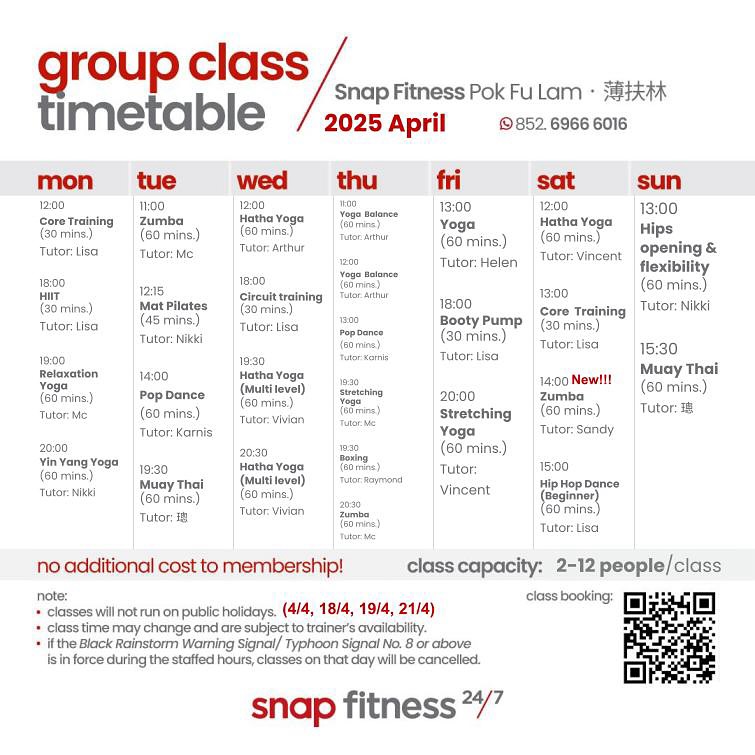 Snap Fitness Pok Fu Lam - 4月時間表出左啦🔥加左堂Zumba由新導師Sandy教☺️反應好會再加堂🥰星期日泰拳堂轉到 ...