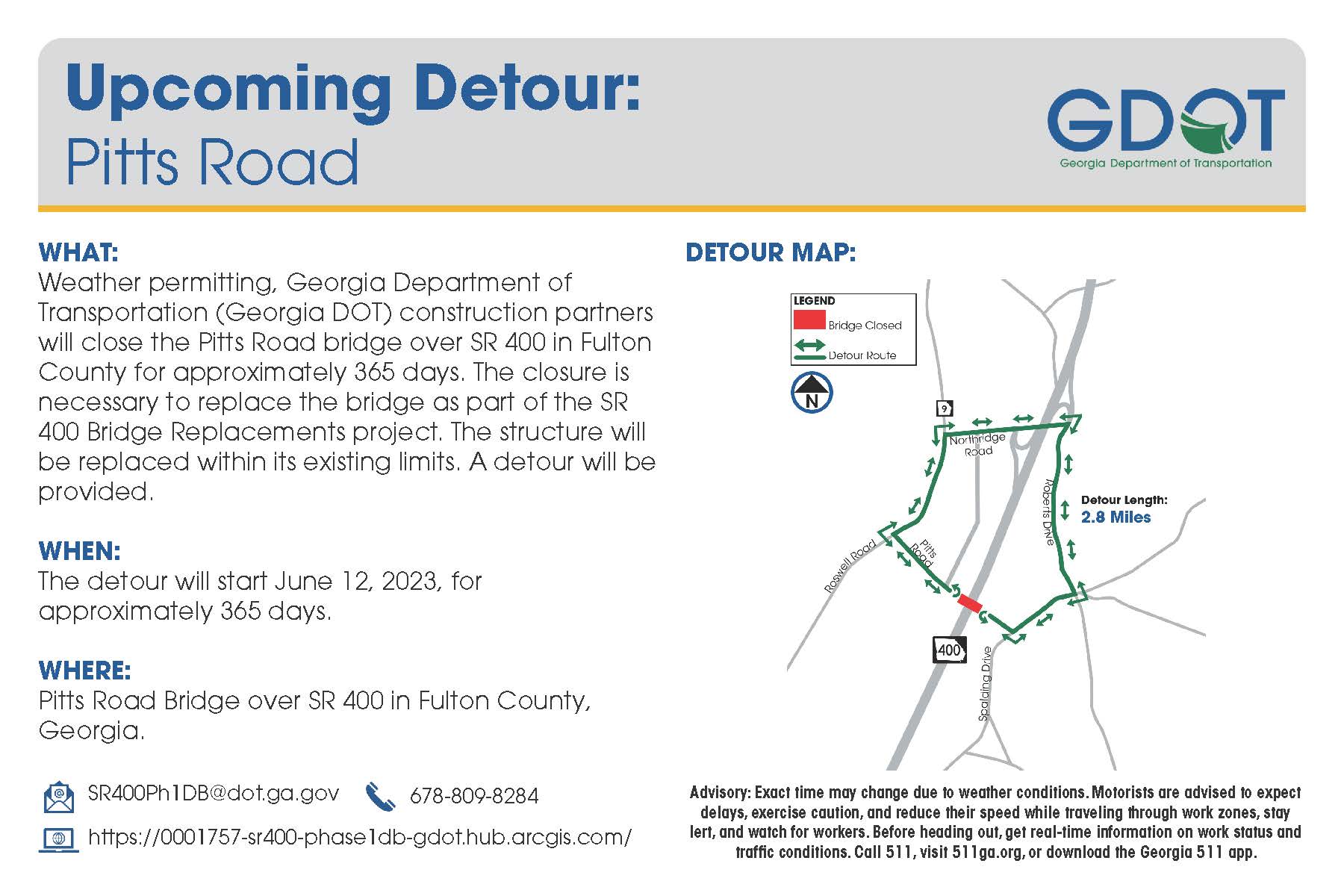 Sandy - Beginning Monday, June 12, the Pitts Road bridge over SR 400 ...
