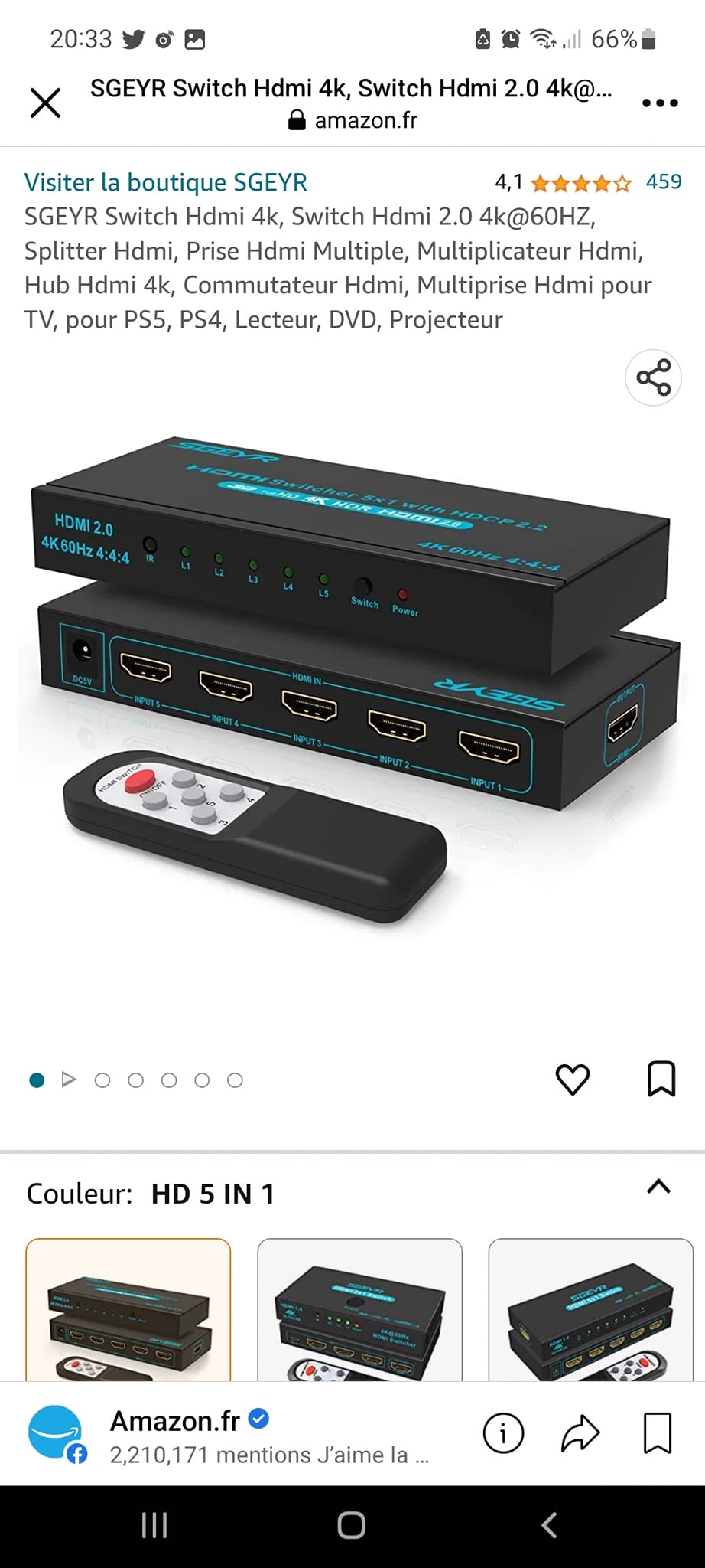Neoteck Commutateur HDMI 5 Ports HDMI 2.0 Interrupteur 5 Entrées 1