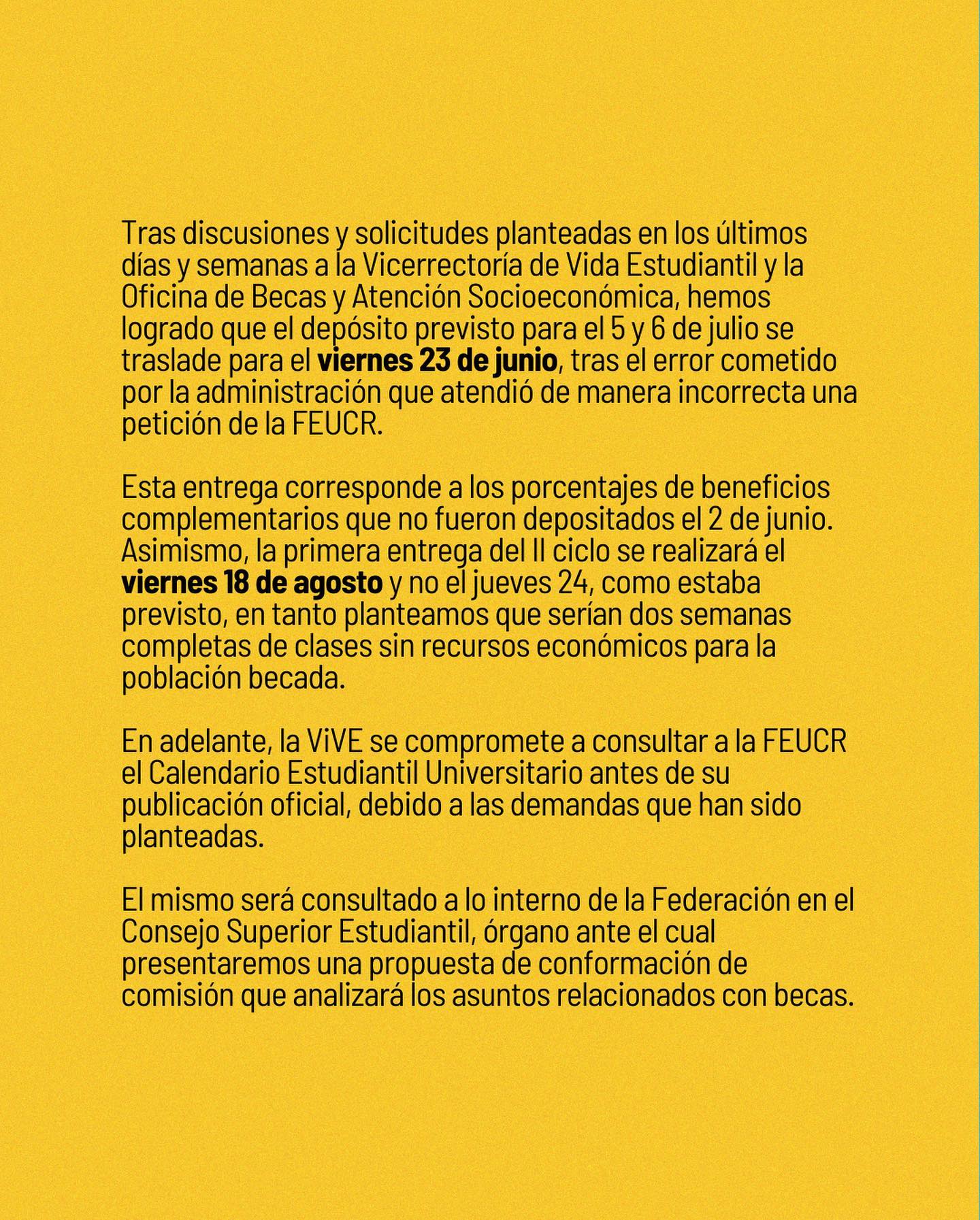 📢 NUEVOS DEPÓSITOS DE BECA Tras solicitudes de la FEUCR, se ha trasladó ...