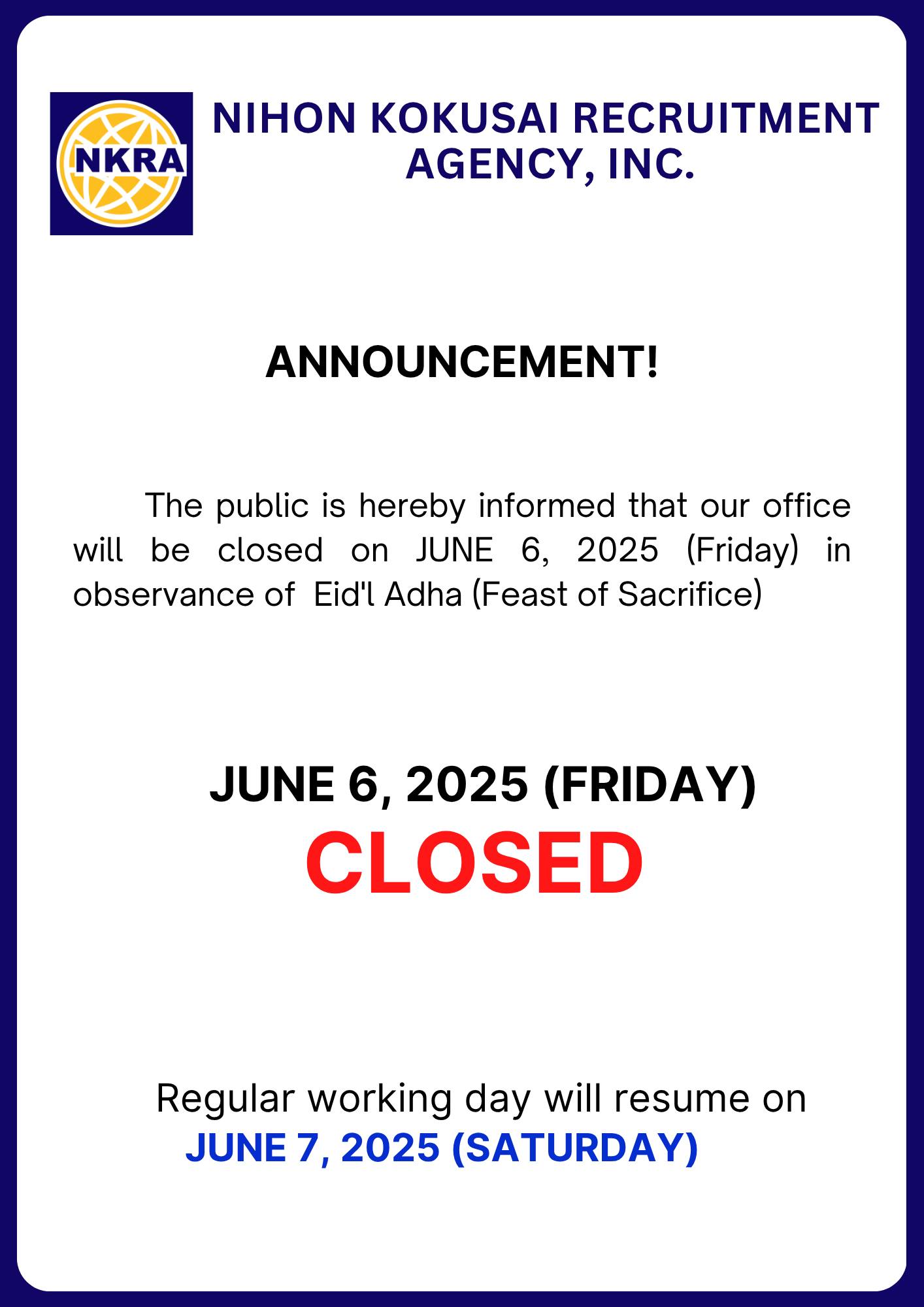 NKRA - ANNOUNCEMENT! The public is hereby informed that our office will ...