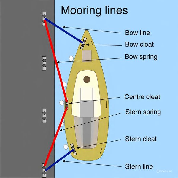 Mooring lines diagram for securing a boat to a dock