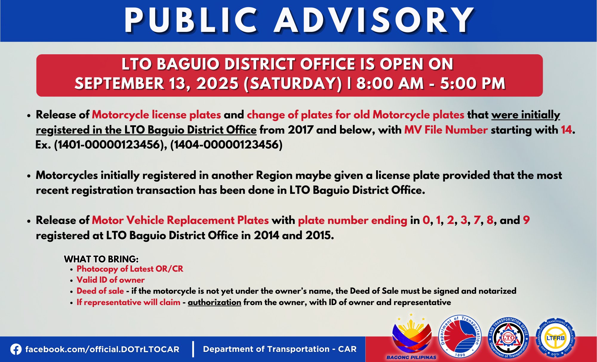 𝐏𝐔𝐁𝐋𝐈𝐂 𝐀𝐃𝐕𝐈𝐒𝐎𝐑𝐘 LTO BAGUIO DISTRICT OFFICE IS OPEN ON SEPTEMBER 13 ...