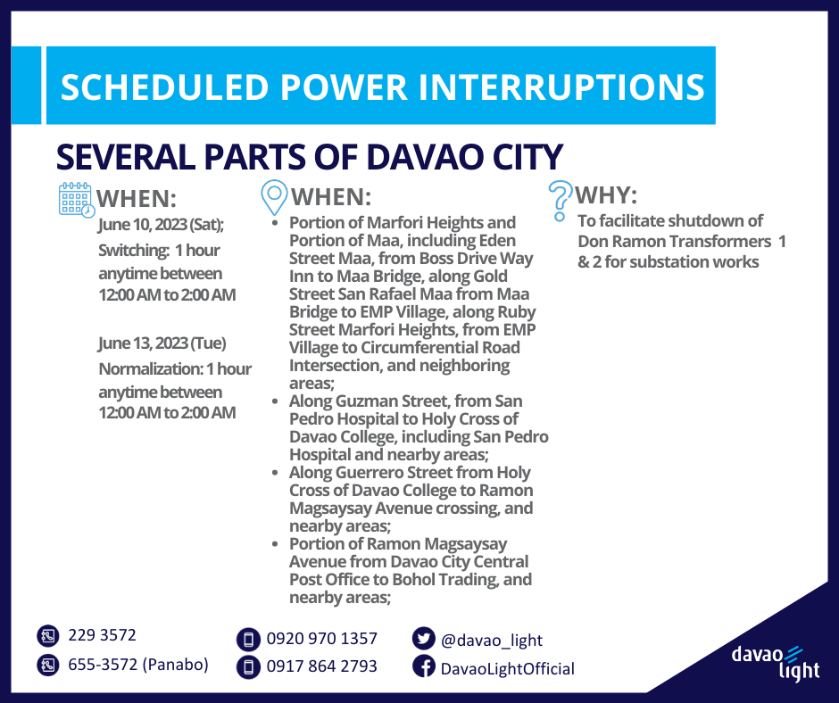 Davao Light and Power Co. - June 10, 2023, 1 hour anytime between 12:00 ...