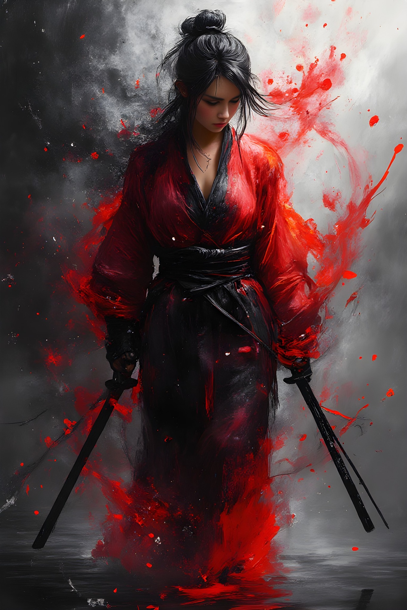 lady damascus red dress Mysterious woman in kimono with knife Lace fabric with padded