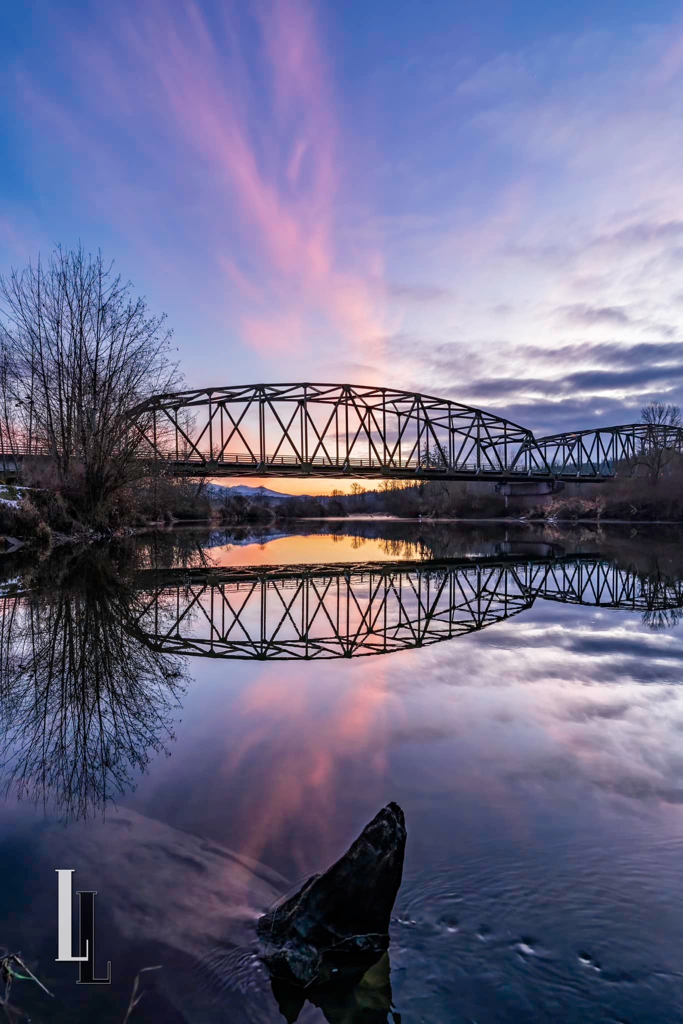 Tolt Hill Bridge sunset over Snoqualmie River