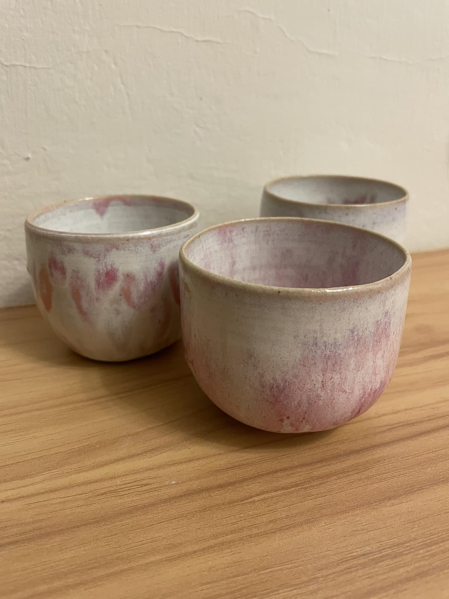 Ladyish mugs (with honey flux, rose quartz & coral gloss glaze)