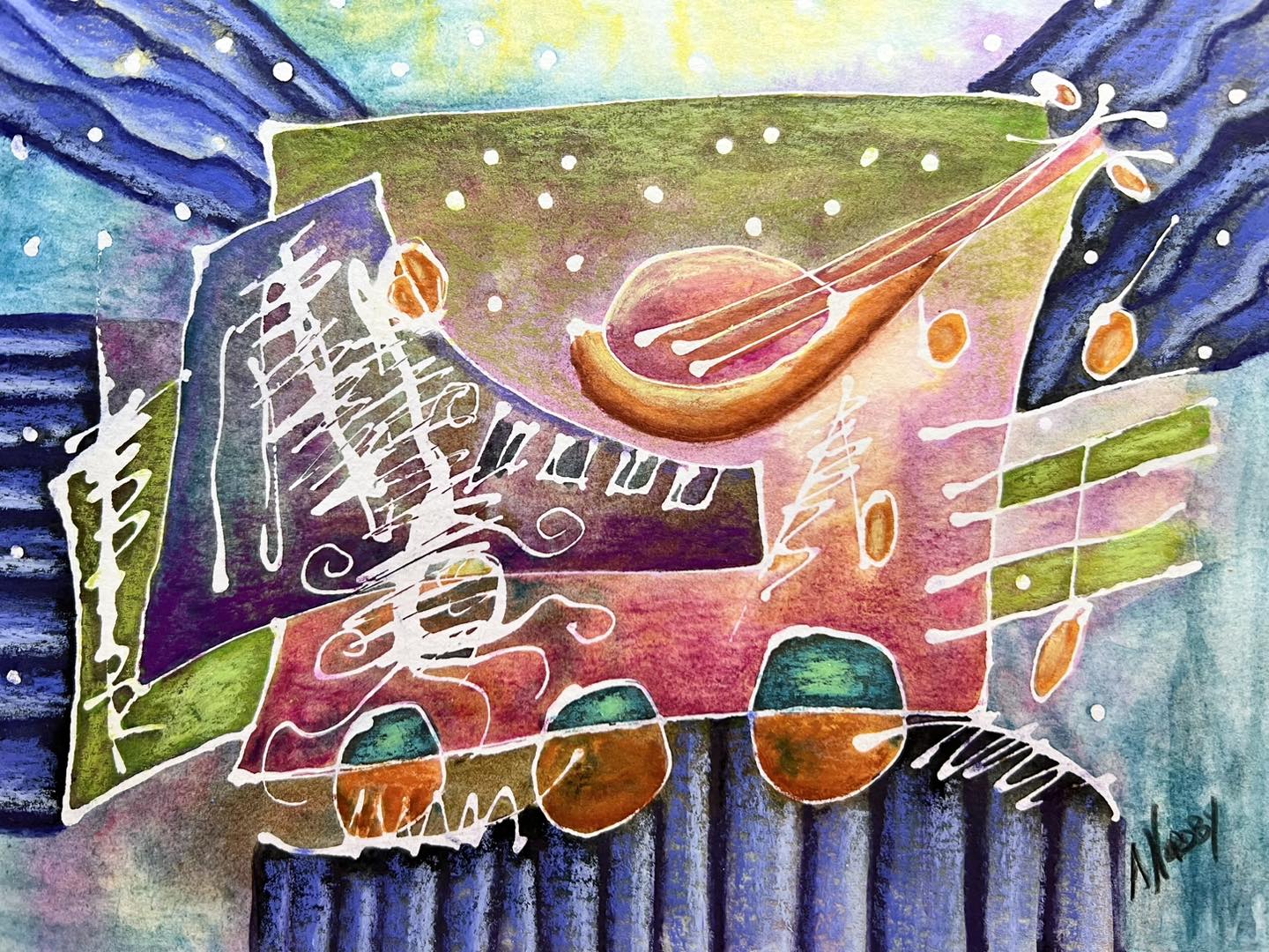 Happiness from music” 6x8 inch mixed media on mixed media paper