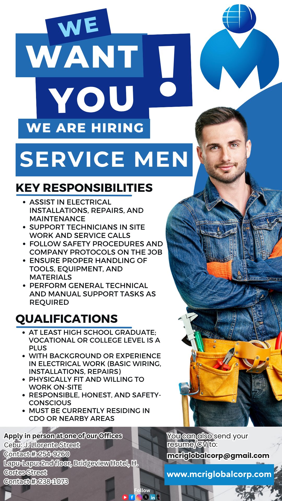 MCRI - 📢 WE'RE HIRING: SERVICE MEN – With Electrical Background 📍 Area ...