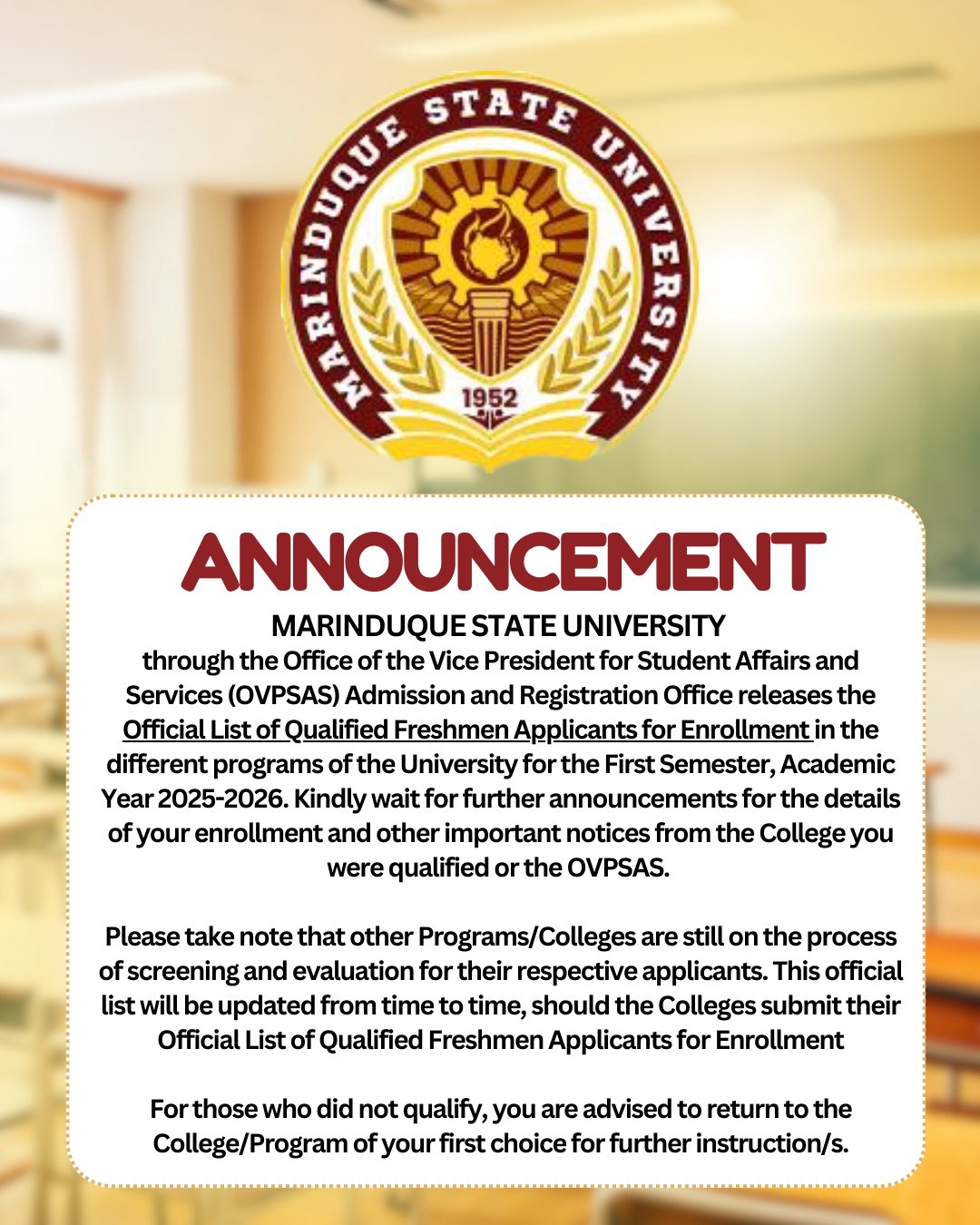 A N N O U N C E M E N T Marinduque State University through the Office ...