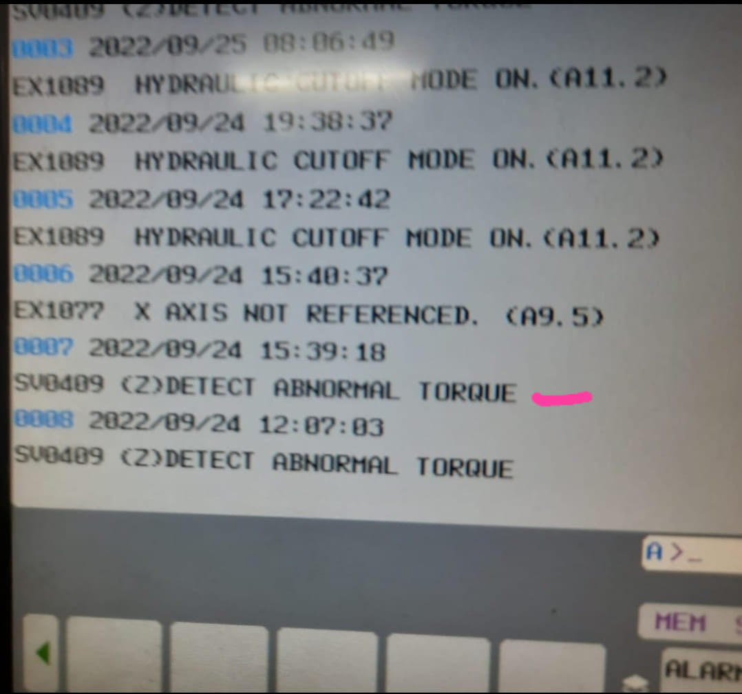 What causes 'SV 009 detect abnormal torque' on Fanuc CNC machines?
