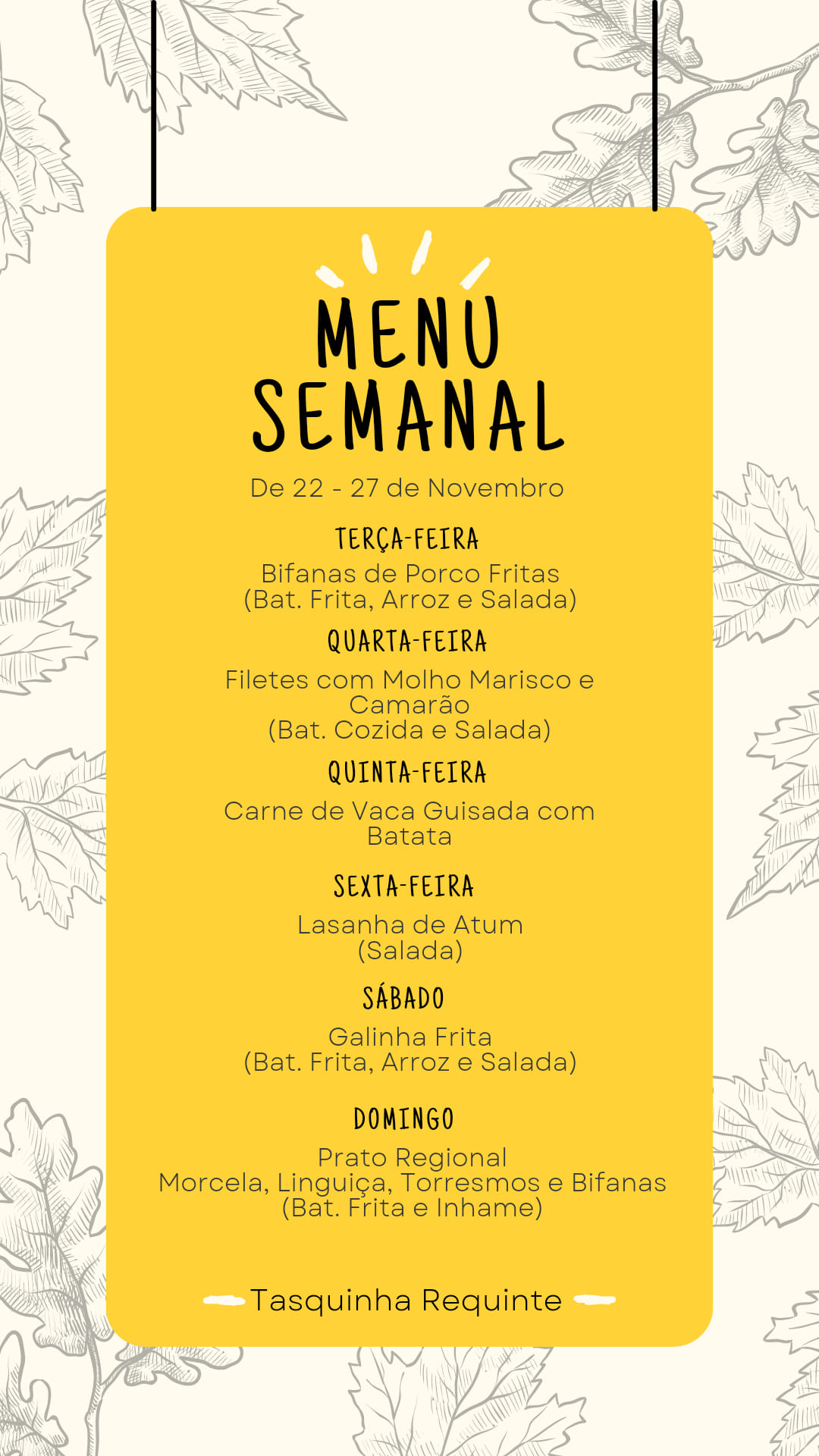 MENU SEMANAL 🍳🍟🍔🥙🍨🍩🎂🍰🧁🍫🍬🍭🍽☕️🥃🥂 - Tasquinha Requinte